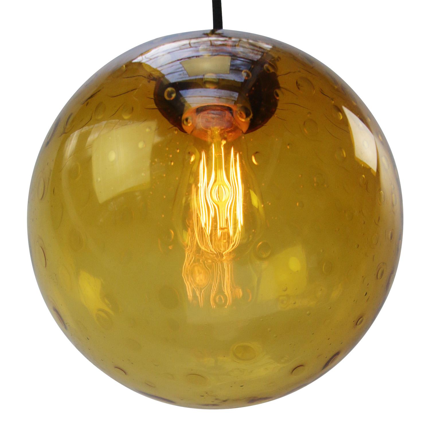 Mid-Century Modern Dutch Amber Glass Air Bubble Globe Brass Top Pendant Lights