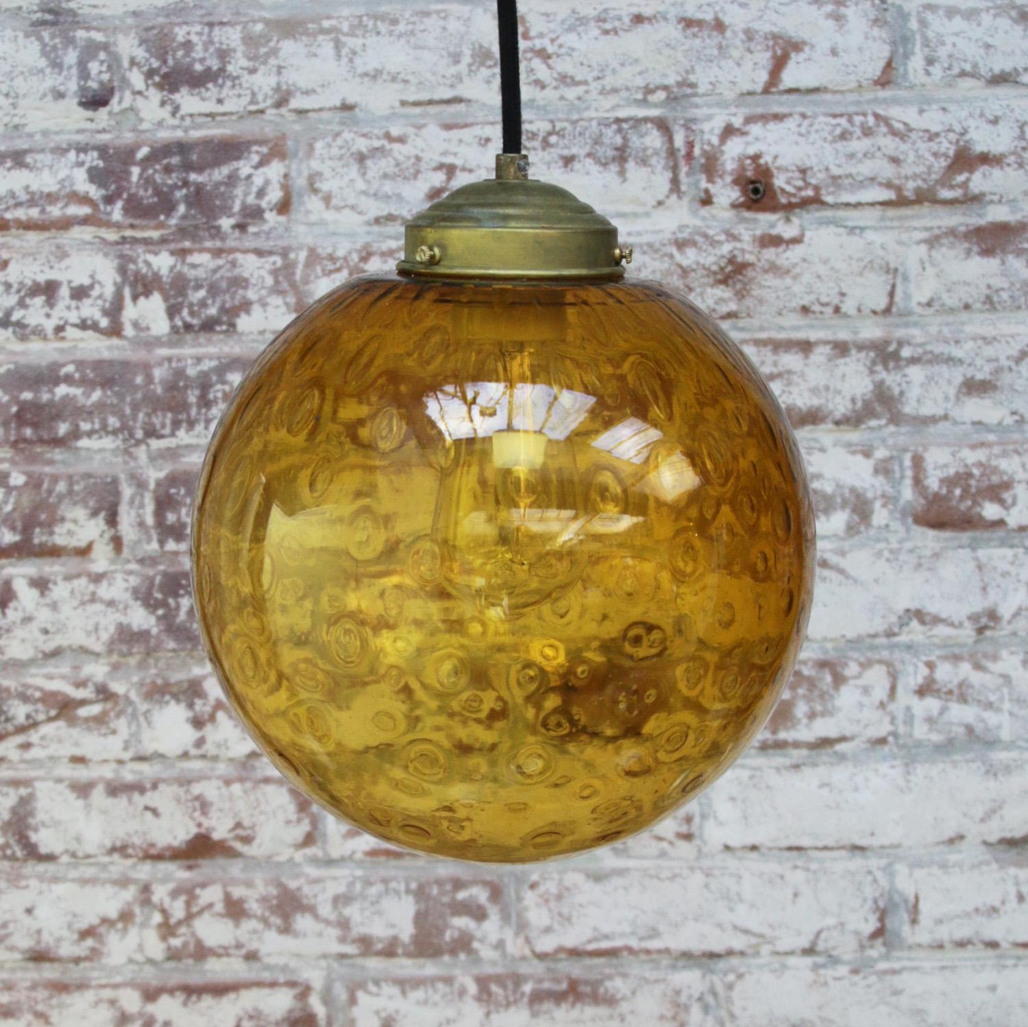 20th Century Dutch Amber Glass Air Bubble Globe Brass Top Pendant Lights