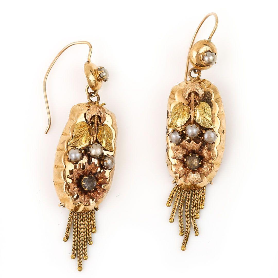 Holländische antike 14ct Gelb Rose Gold Perle und Strass Quaste Tropfen Ohrringe (Rundschliff)