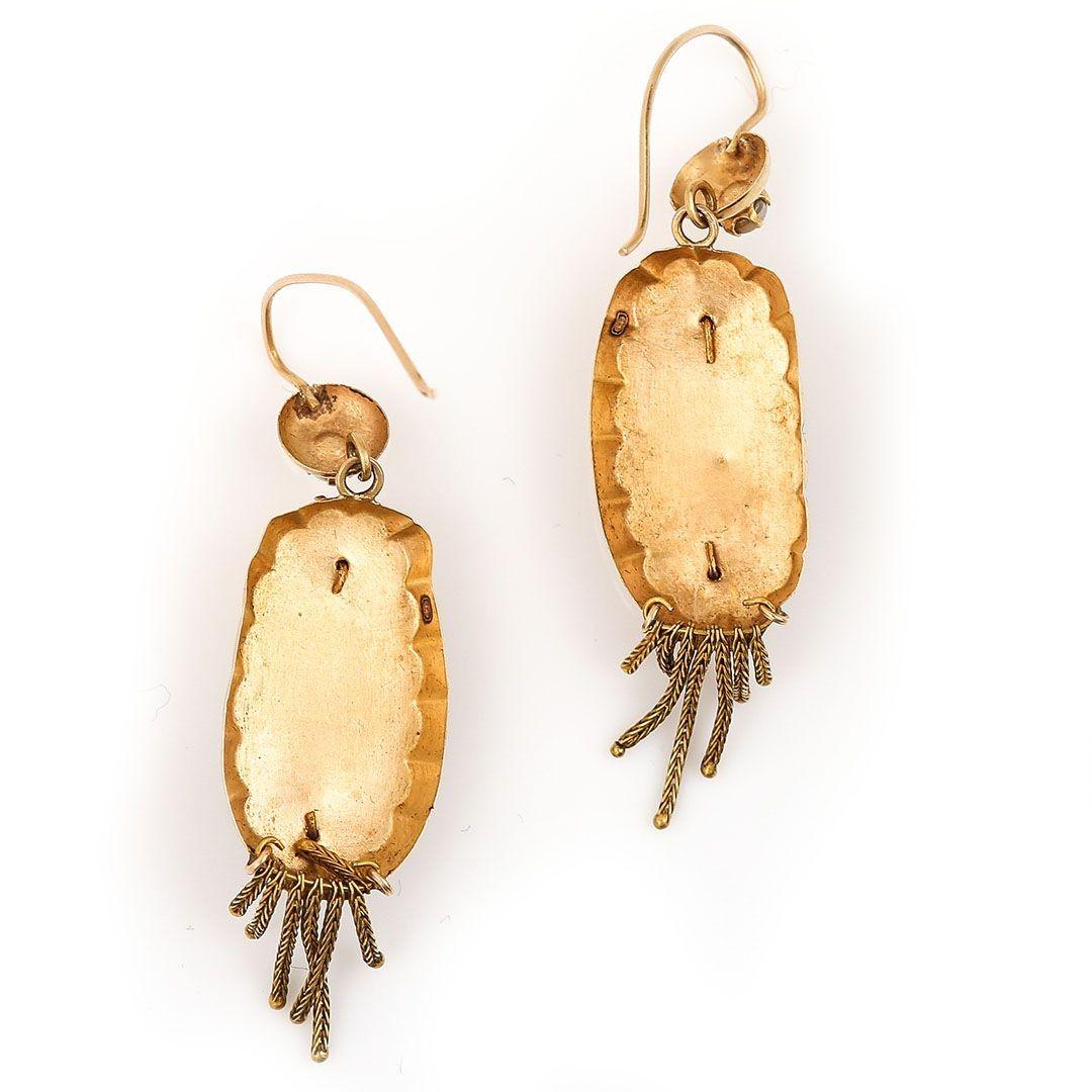 Round Cut Dutch Antique 14ct Yellow Rose Gold Pearl and Rhinestone Tassel Drop Earrings