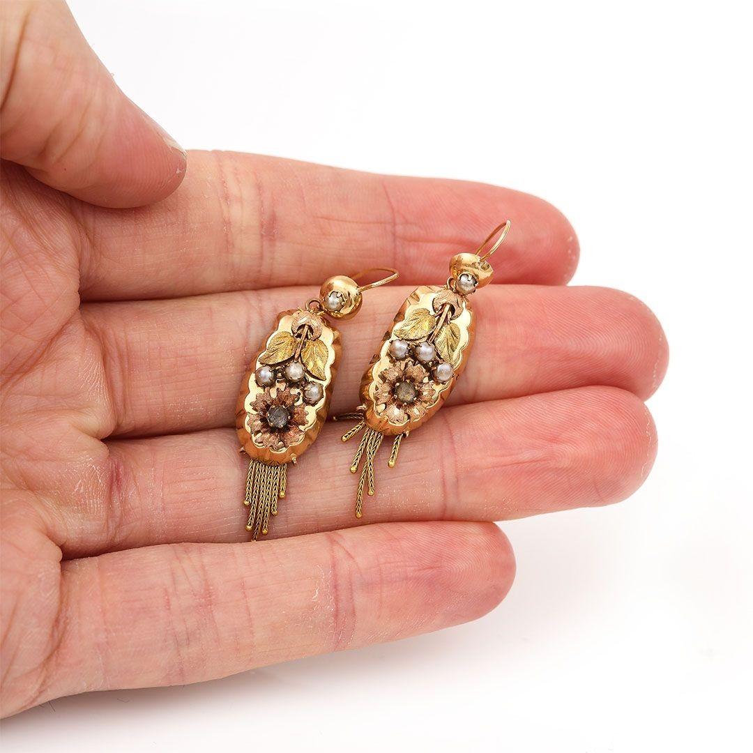 Dutch Antique 14ct Yellow Rose Gold Pearl and Rhinestone Tassel Drop Earrings In Good Condition In Lancashire, Oldham