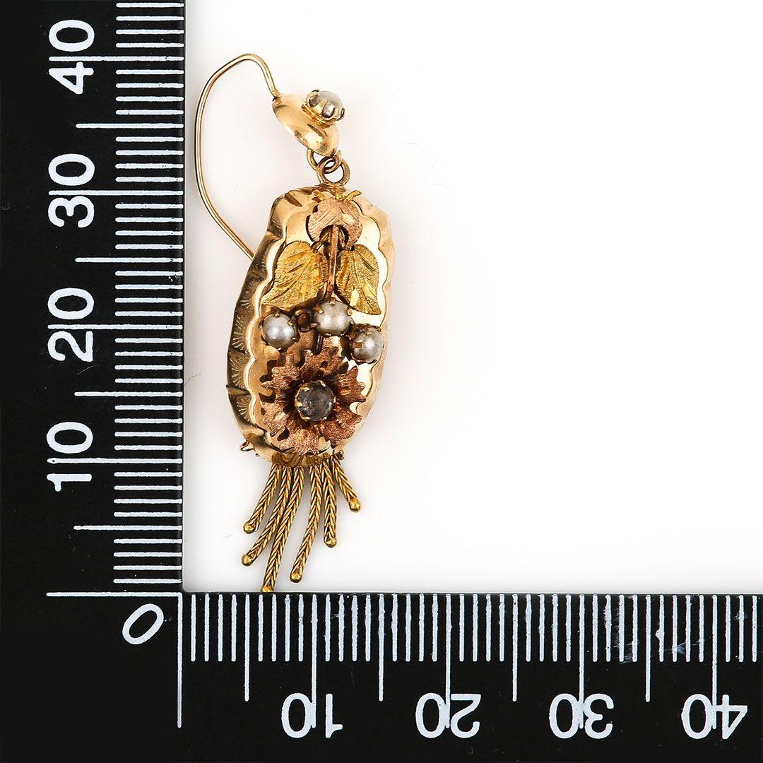 Women's Dutch Antique 14ct Yellow Rose Gold Pearl and Rhinestone Tassel Drop Earrings