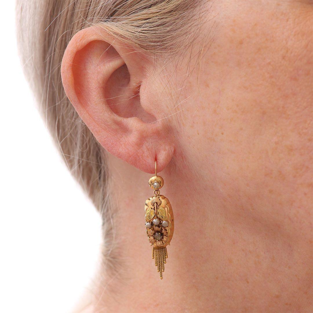 Dutch Antique 14ct Yellow Rose Gold Pearl and Rhinestone Tassel Drop Earrings 1