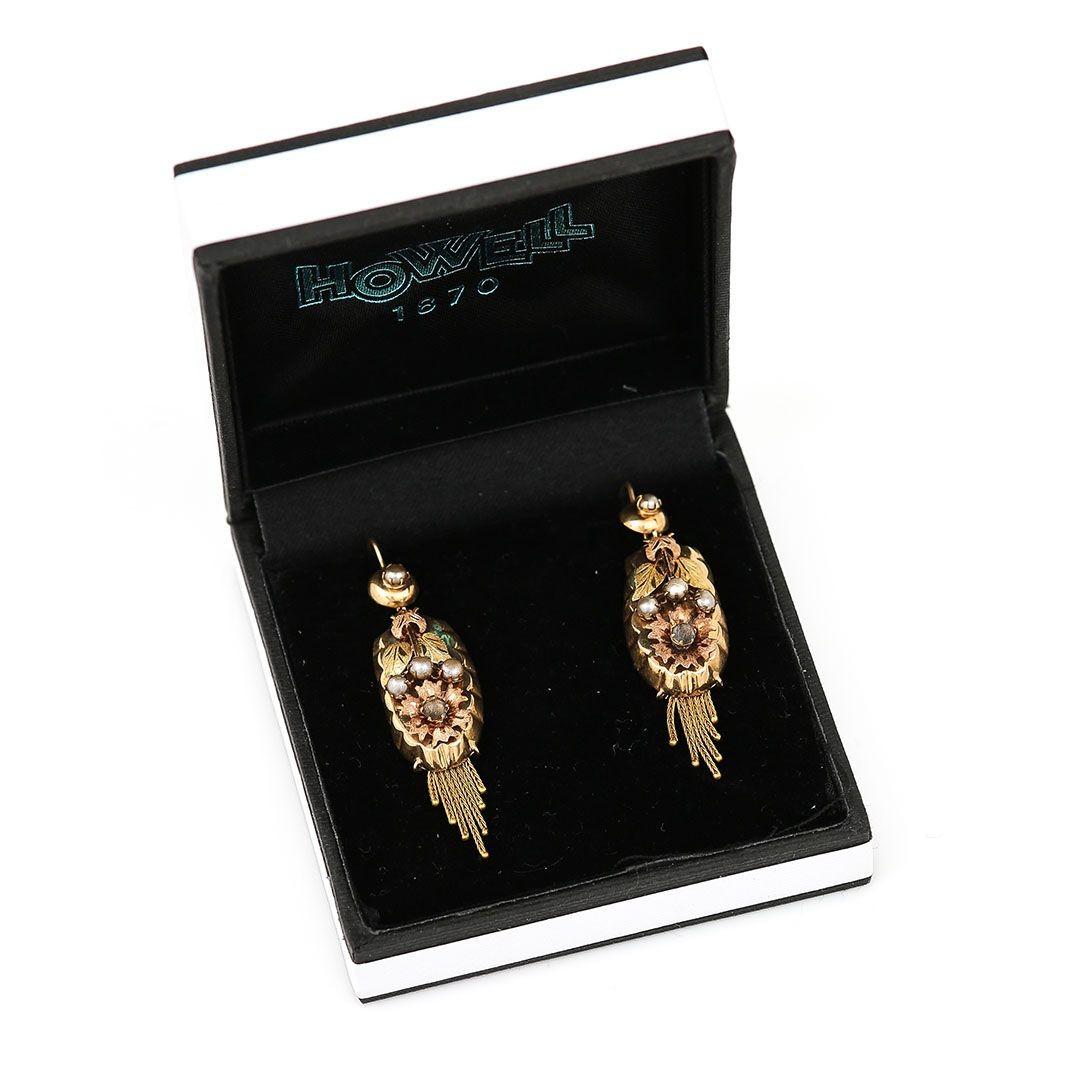 Dutch Antique 14ct Yellow Rose Gold Pearl and Rhinestone Tassel Drop Earrings 2