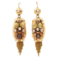 Holländische antike 14ct Gelb Rose Gold Perle und Strass Quaste Tropfen Ohrringe