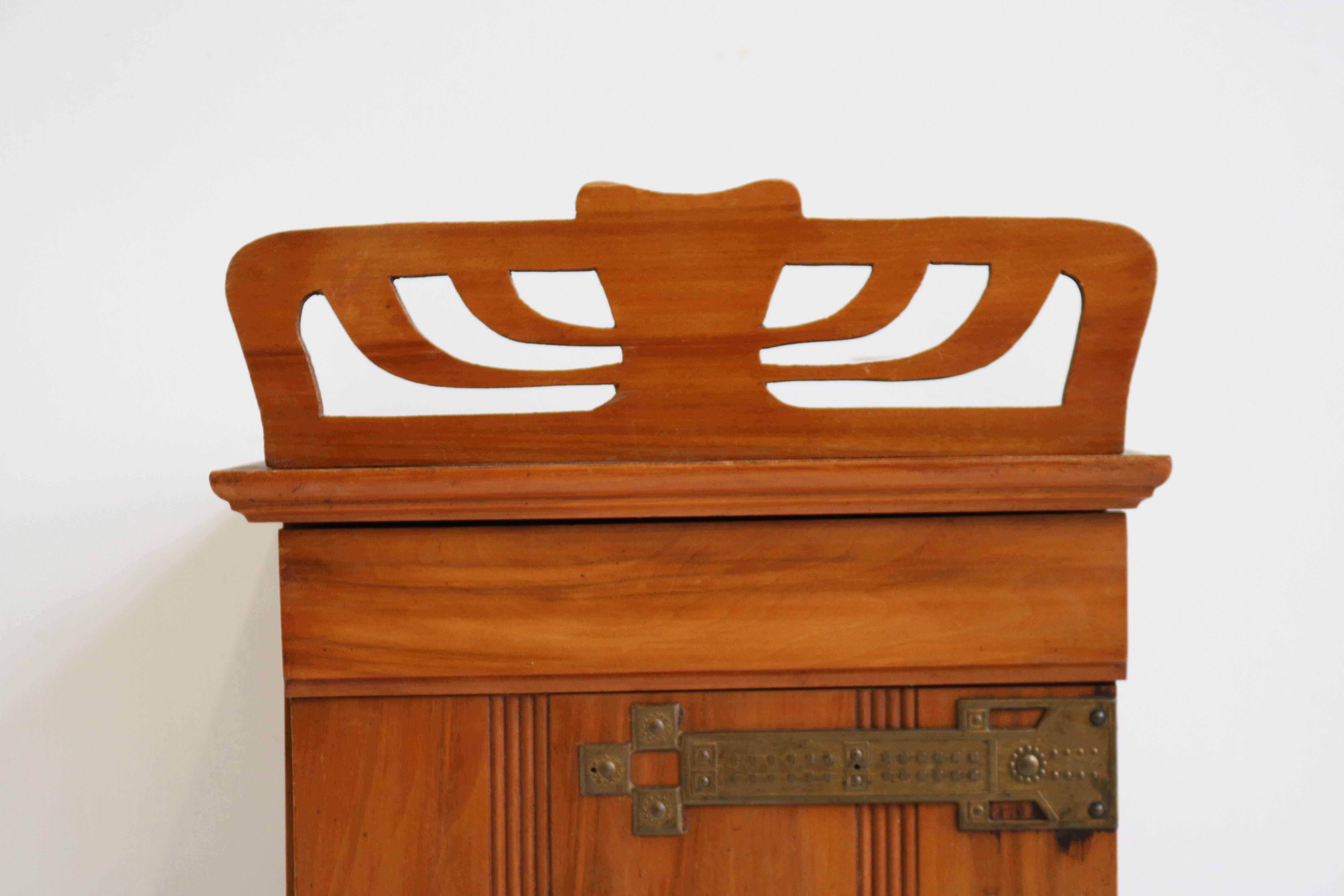 Carved Dutch Antique 1910 Art Nouveau / Jugendstil Wall Cabinet in Cherry Wood Brass For Sale