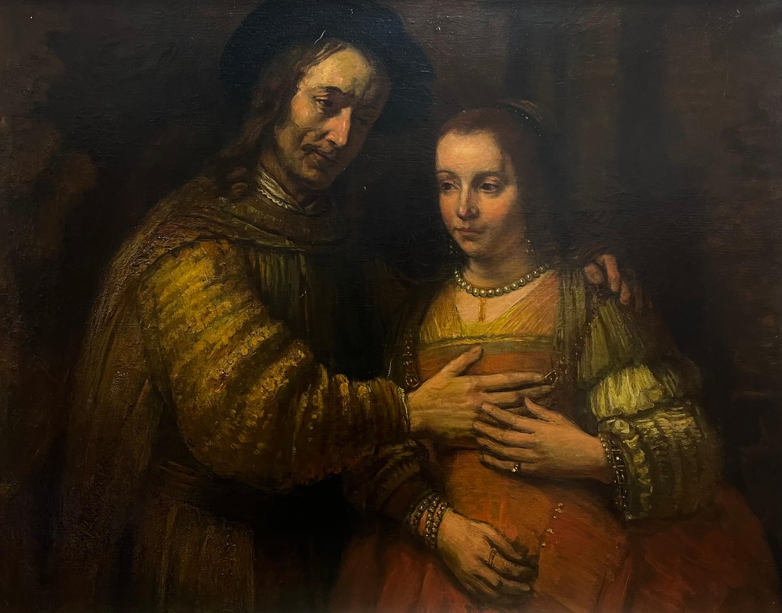 Huge Antique Dutch Old Master Oil Painting The Jewish Bridge after Rembrandt - Black Figurative Painting by Dutch Antique after Rembrandt