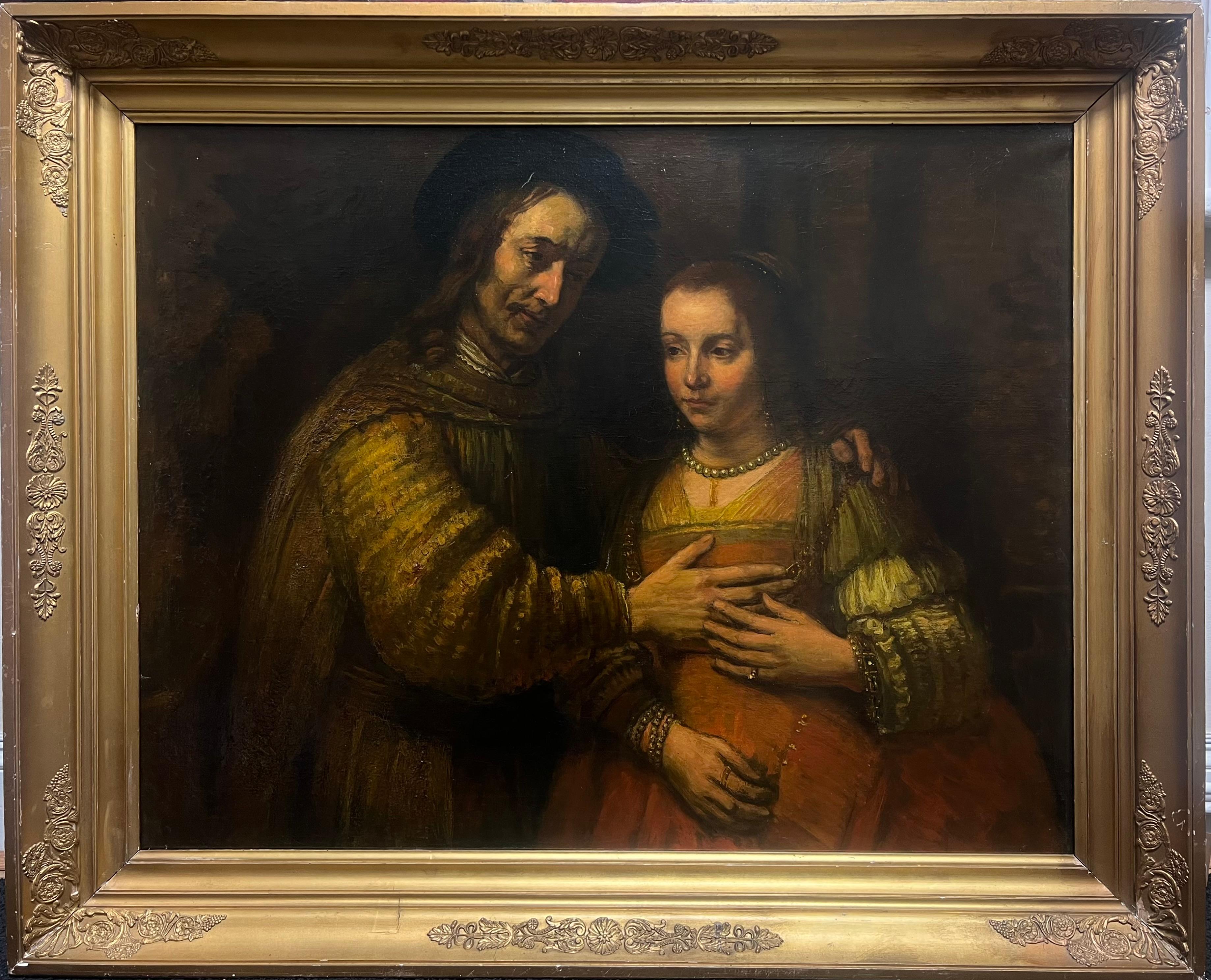 The Jewish Bridge
antique Dutch School, after the 1660's oil painting by Rembrandt (Rijksmuseum, Amsterdam)
oil painting on canvas, framed in its antique gilt frame with ornate mouldings. 
Framed: 39 x 48 inches
Canvas: 33 x 40 inches
Provenance: