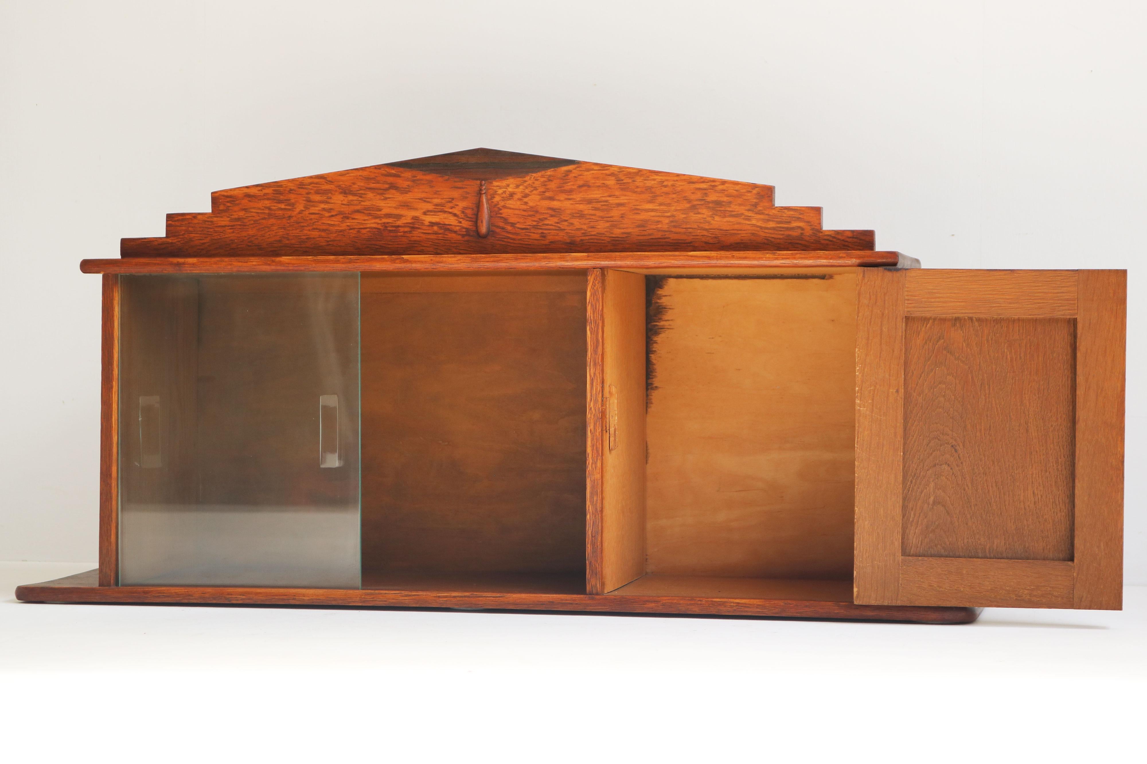 Escritorio / vitrina holandés antiguo Amsterdam 1930 Roble pequeño Vidrio