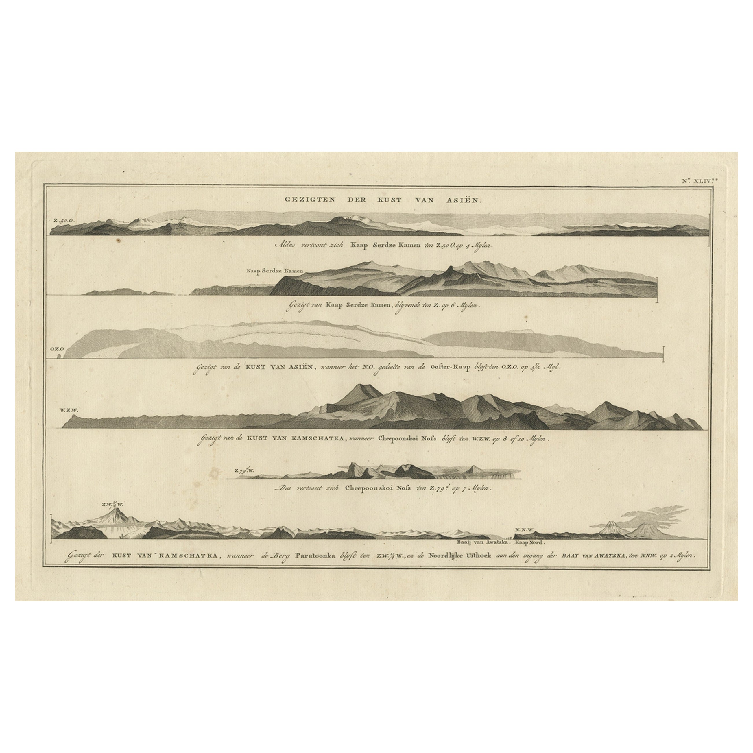 Niederländische antike Gravur mit Küstenansichten von Asien von Cook, 1803