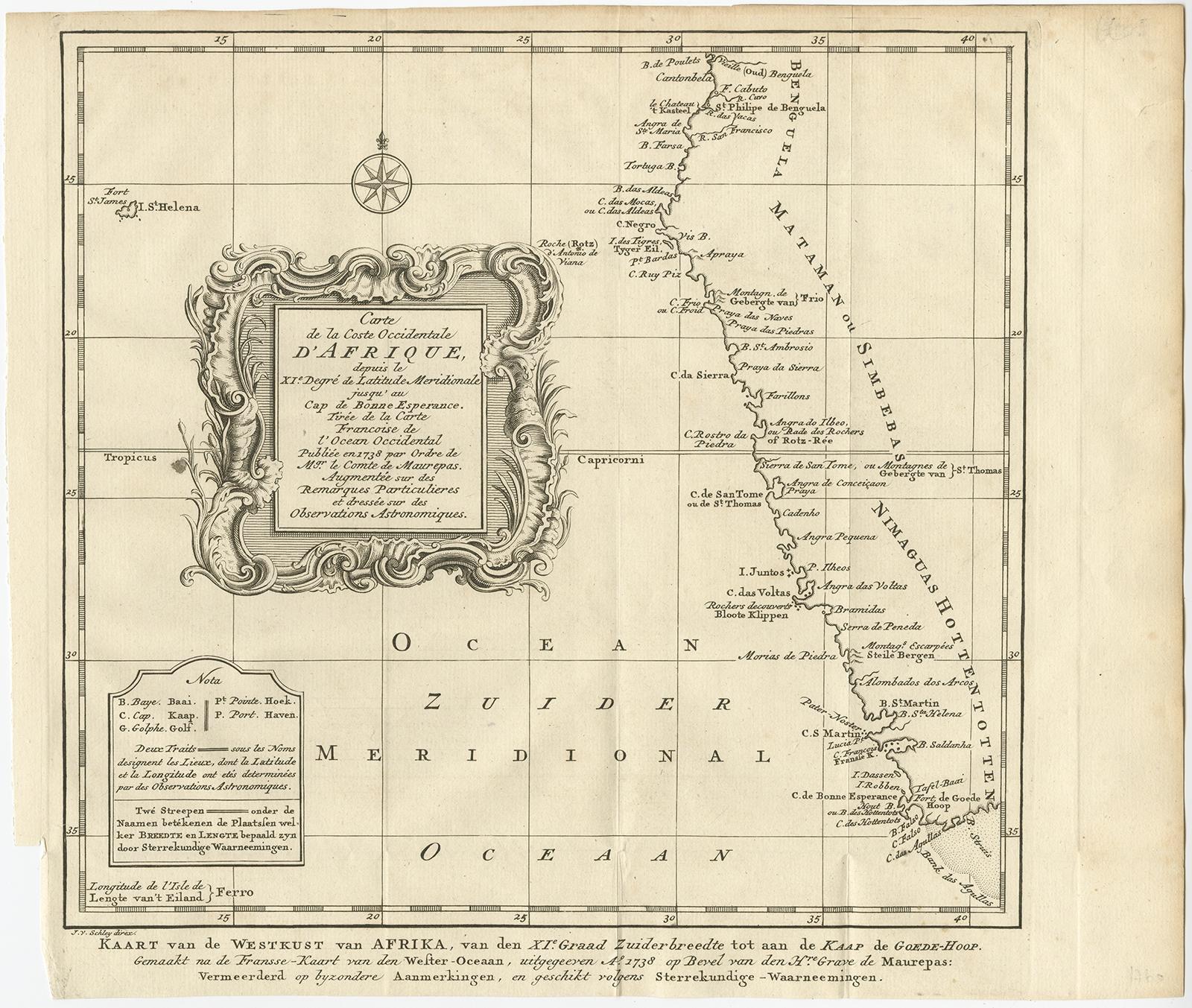 Antique map of the Coast of Africa titled 'Kaart van de West Kust van Afrika (..)'. 

Map of the west coast of Africa, from 11 degrees south latitude to the Cape of Good Hope. This map originates from a Dutch edition of Prévost's 'Histoire
