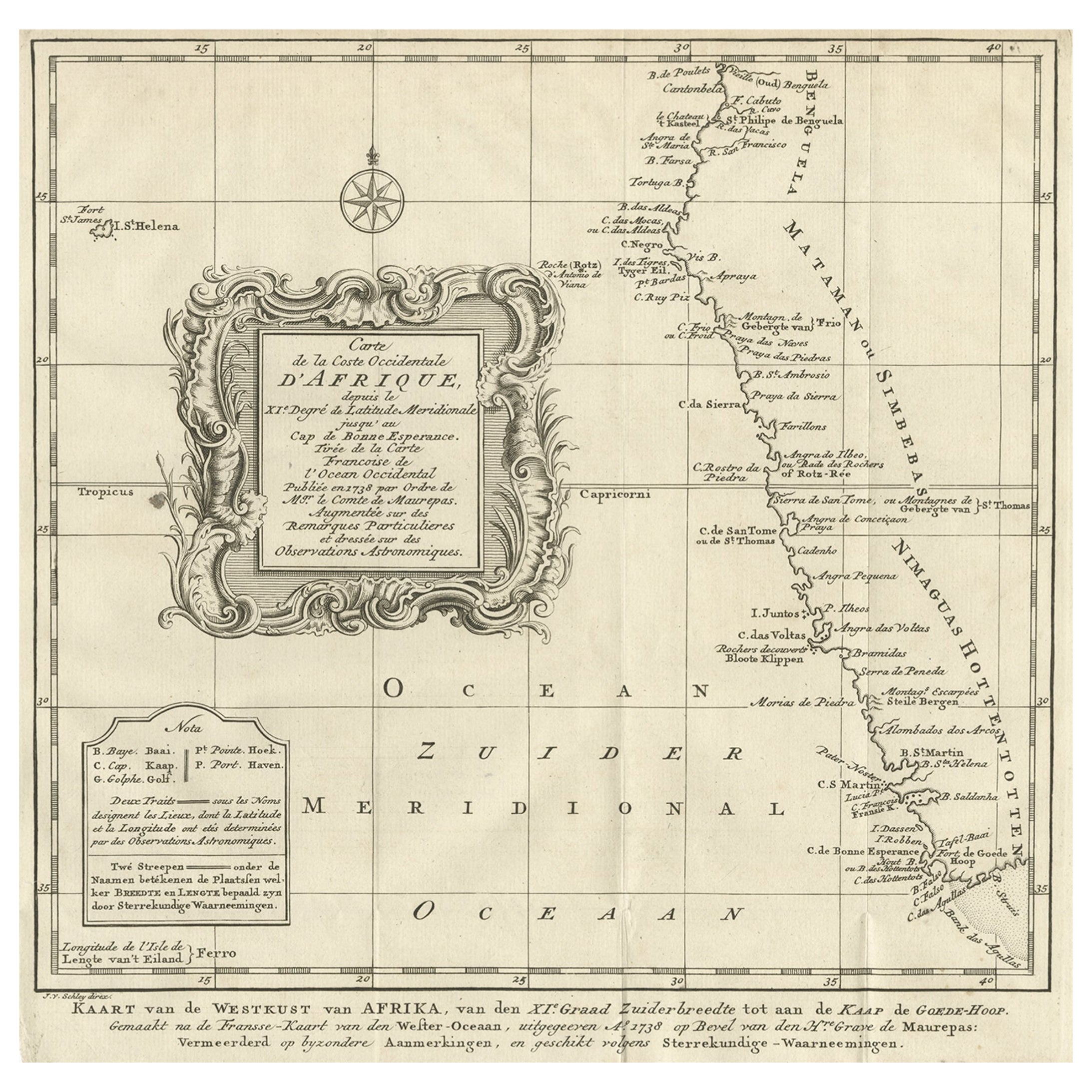 Carte ancienne néerlandaise de la côte ouest de l'Afrique, au Cap de Good Hope, 1747 en vente