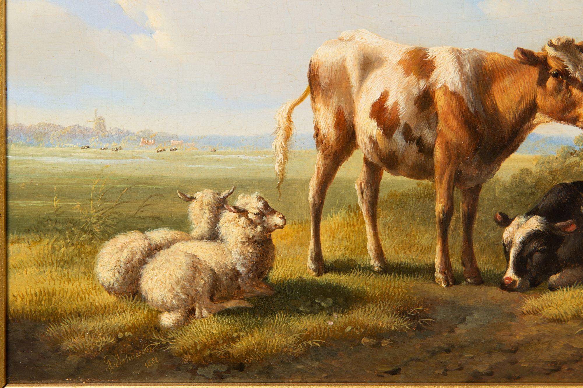 19th Century Dutch Antique Painting of “Cows & Sheep in Landscape, 1852” by Albertus Verhoese For Sale