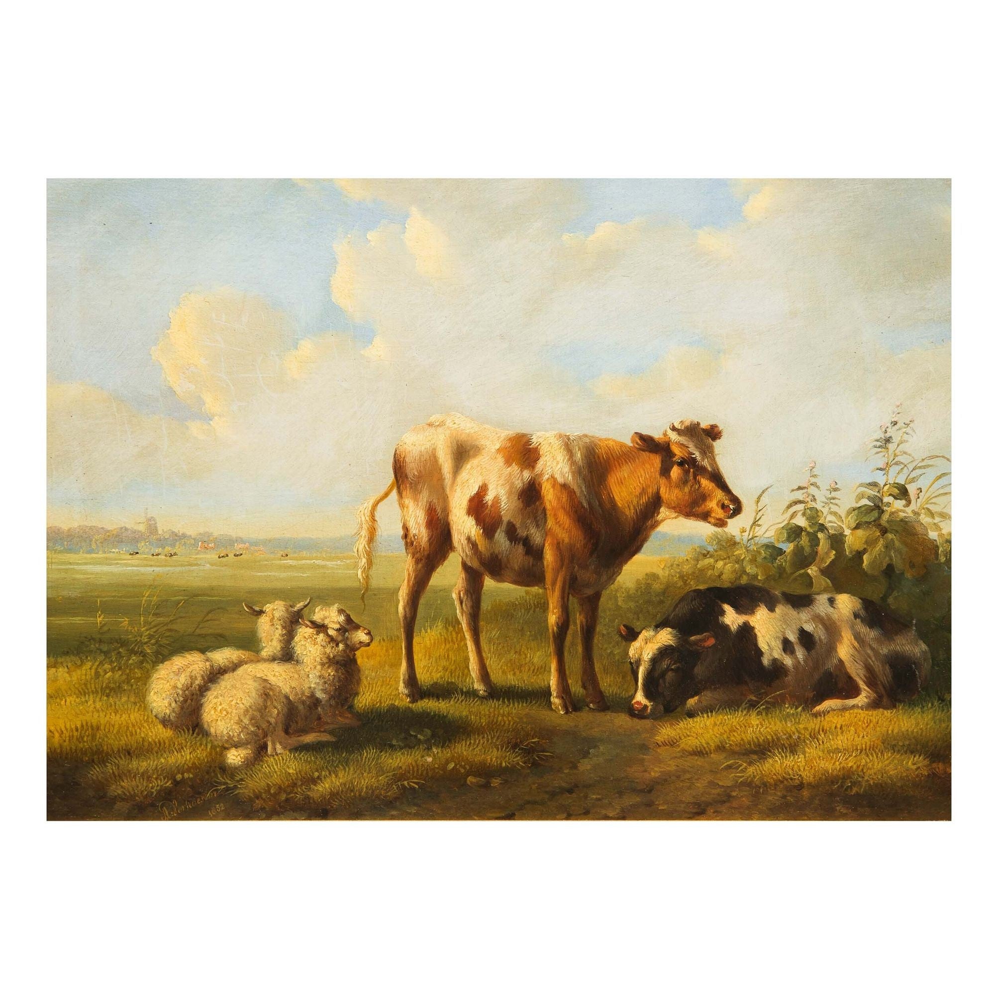 Dutch Antique Painting of “Cows & Sheep in Landscape, 1852” by Albertus Verhoese For Sale