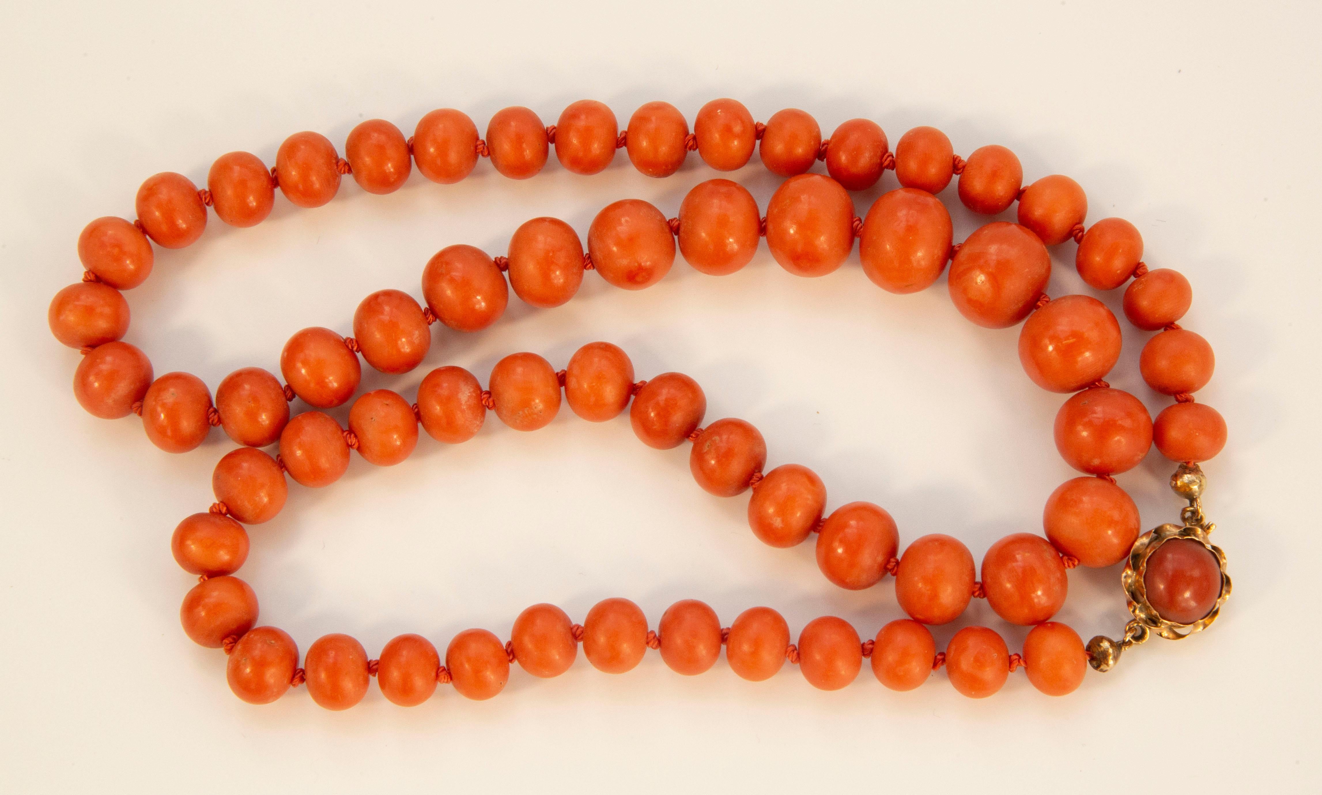 Edwardian Dutch Antique Single Strand Genuine Red Coral Graduated Beads Necklace  For Sale