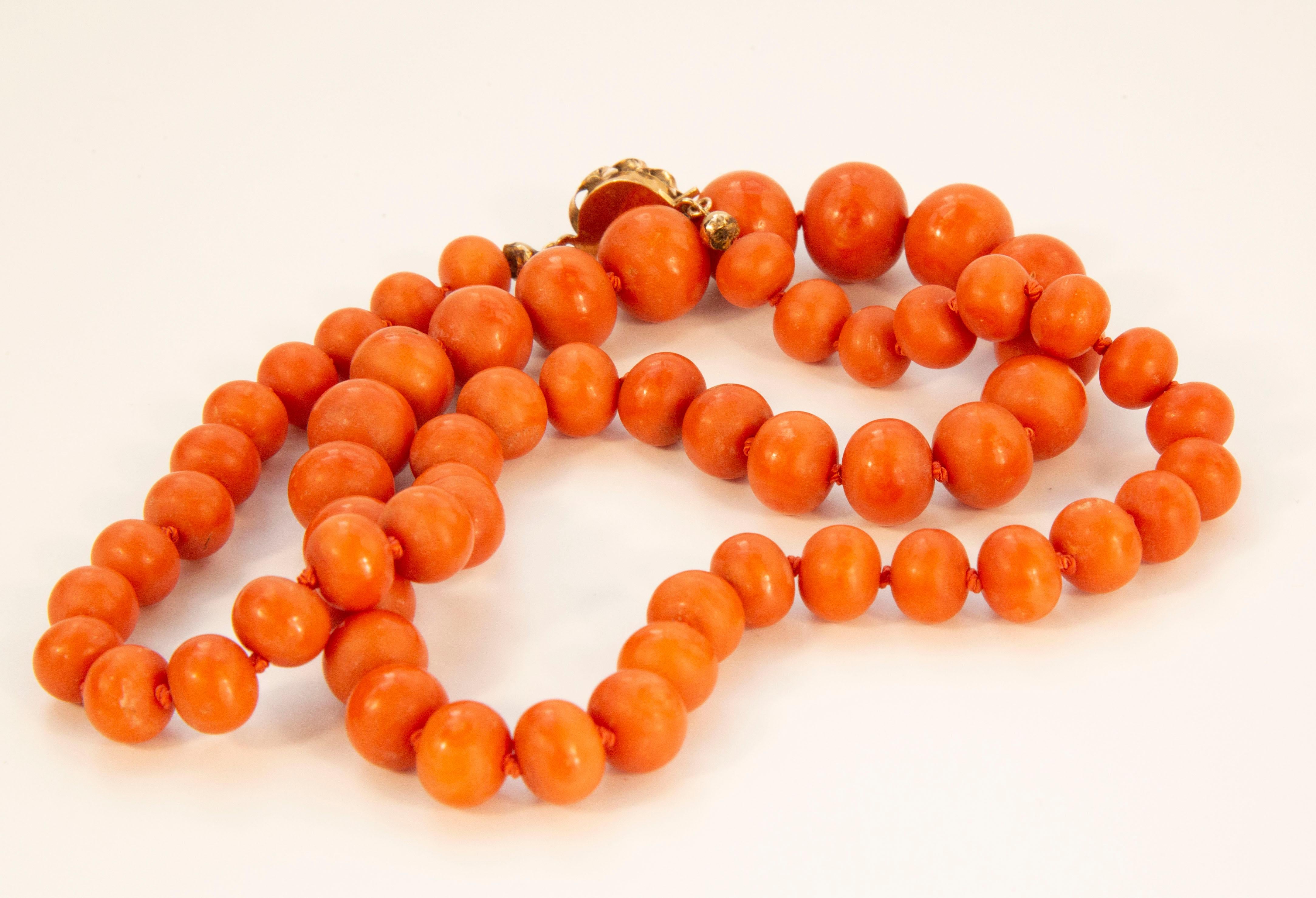 Women's or Men's Dutch Antique Single Strand Genuine Red Coral Graduated Beads Necklace  For Sale