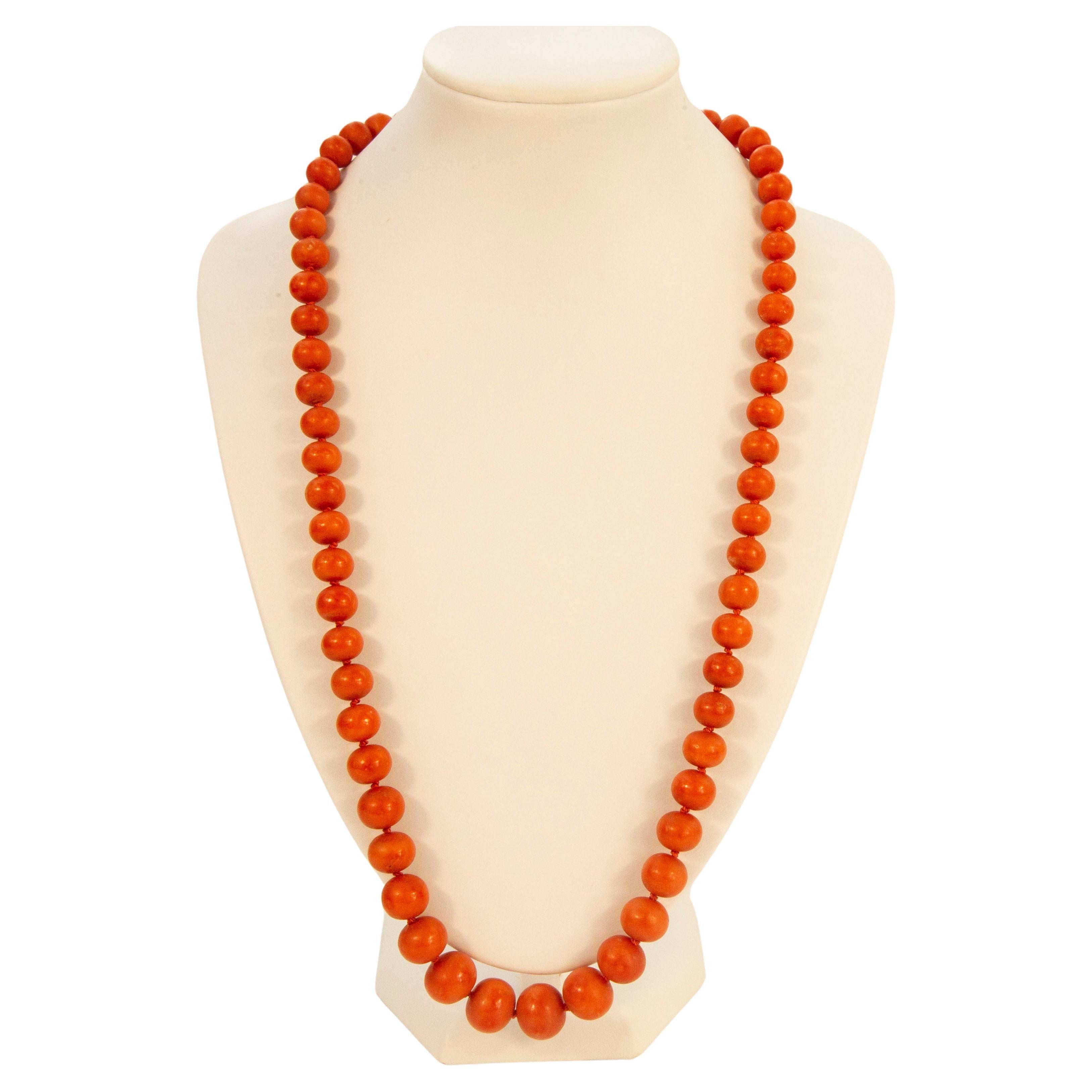 Dutch Antique Single Strand Genuine Red Coral Graduated Beads Necklace  For Sale