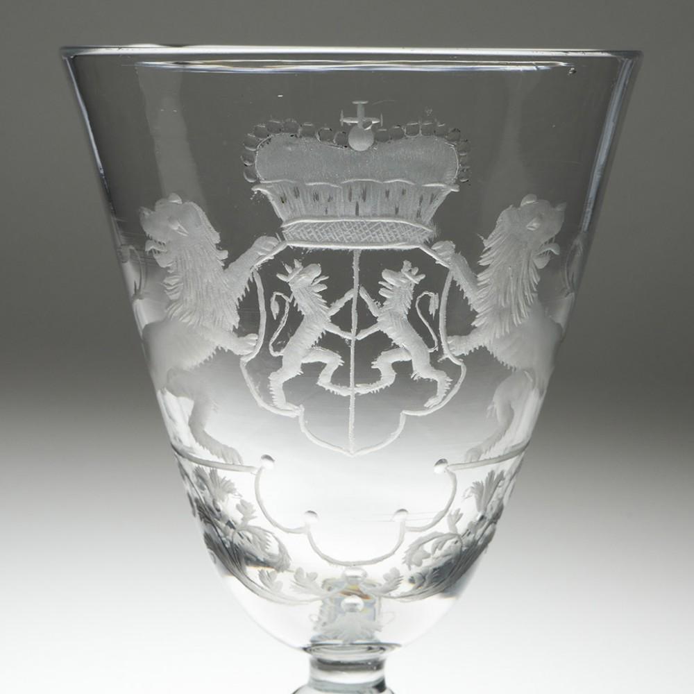 Dutch Armorial Engraved Light Baluster Goblet - Province of Gelderland, c1755

The coat of arms - as with many other such examples - reflects the twists and turns of history; the two lions - each wearing a ducal crown -  on the 'internal' shield are