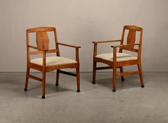 Dutch Art Deco Amsterdam School Armchairs in solid Oak and striped fabric, 1920s
