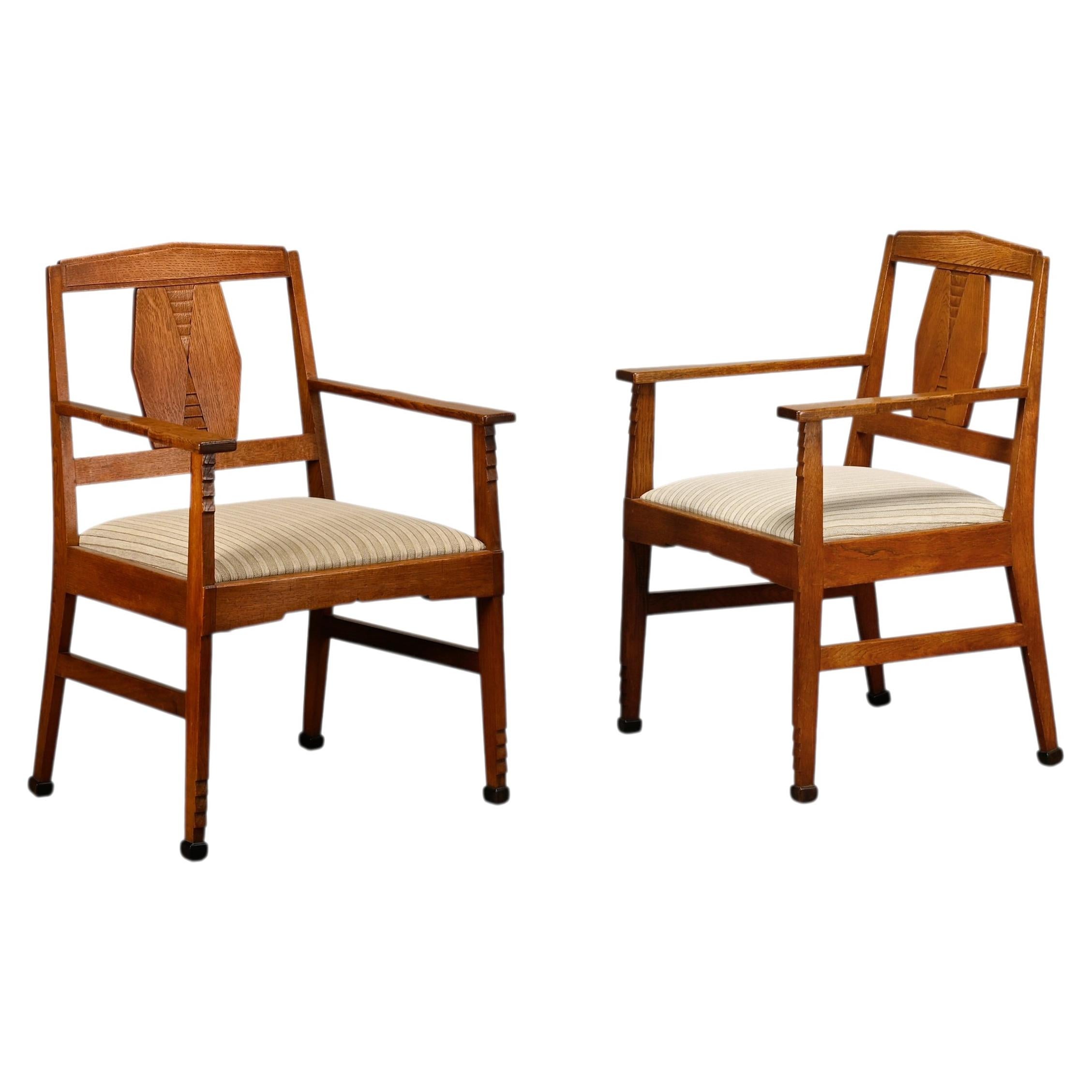 Dutch Art Deco Amsterdam School Armchairs in solid Oak and striped fabric, 1920s