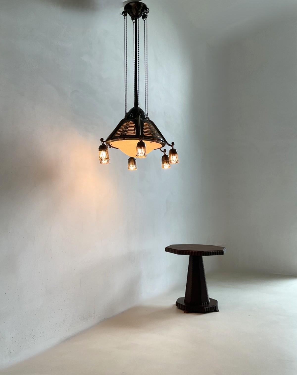 Bronze Dutch Art Deco Amsterdam School Chandelier by Winkelman & van der Bijl, 1920s For Sale