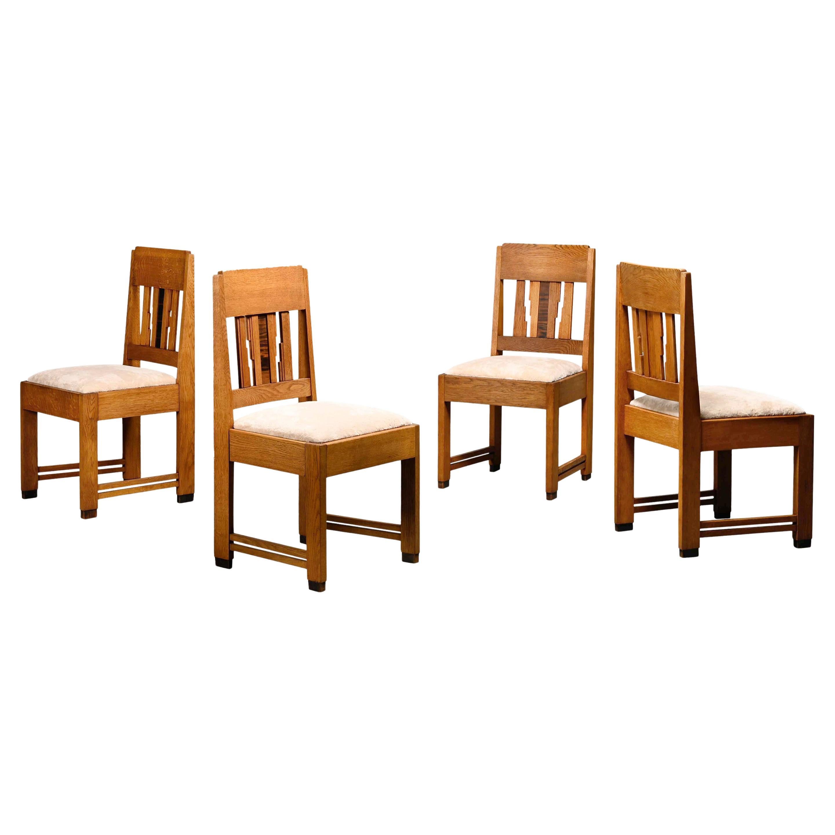 Dutch Art Deco Amsterdam School Dining Chairs in Oak and light Fabric, 1930s