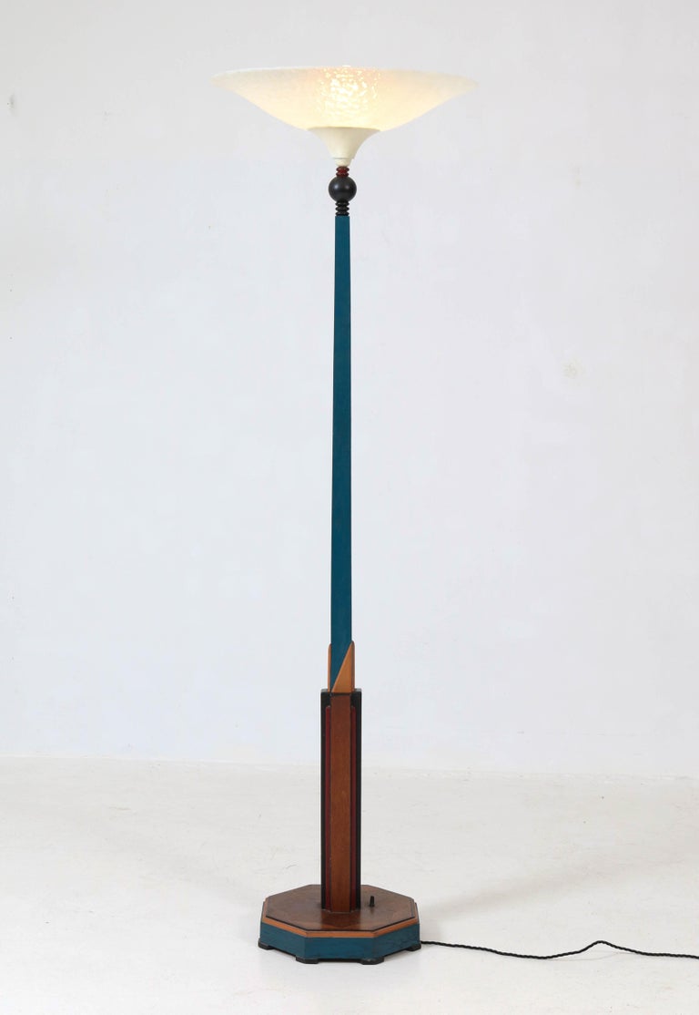 Dutch Art Deco Amsterdam School Floor Lamp With Milk Glass Shade 1930s