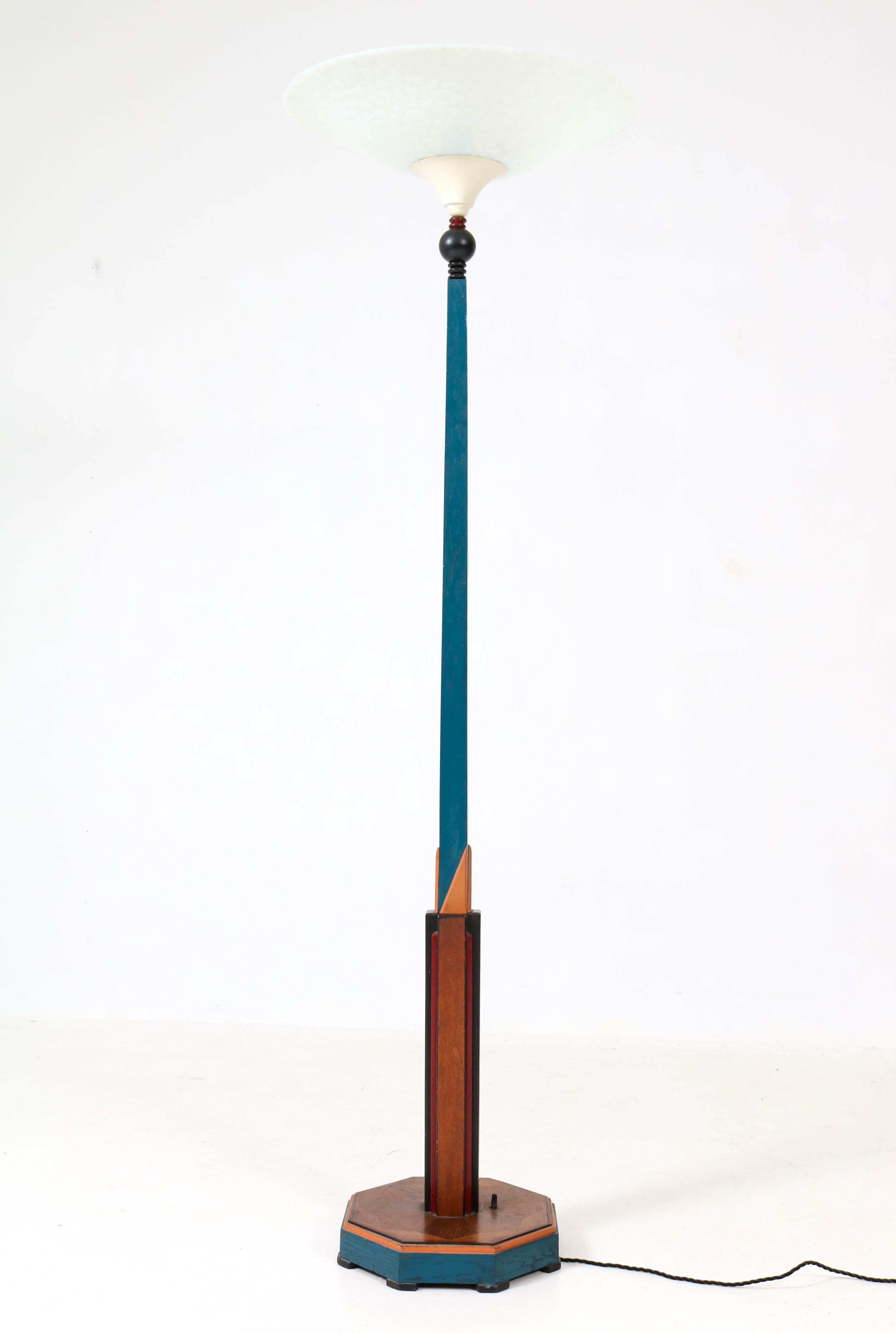 Mid-20th Century Dutch Art Deco Amsterdam School Floor Lamp with Milk Glass Shade, 1930s