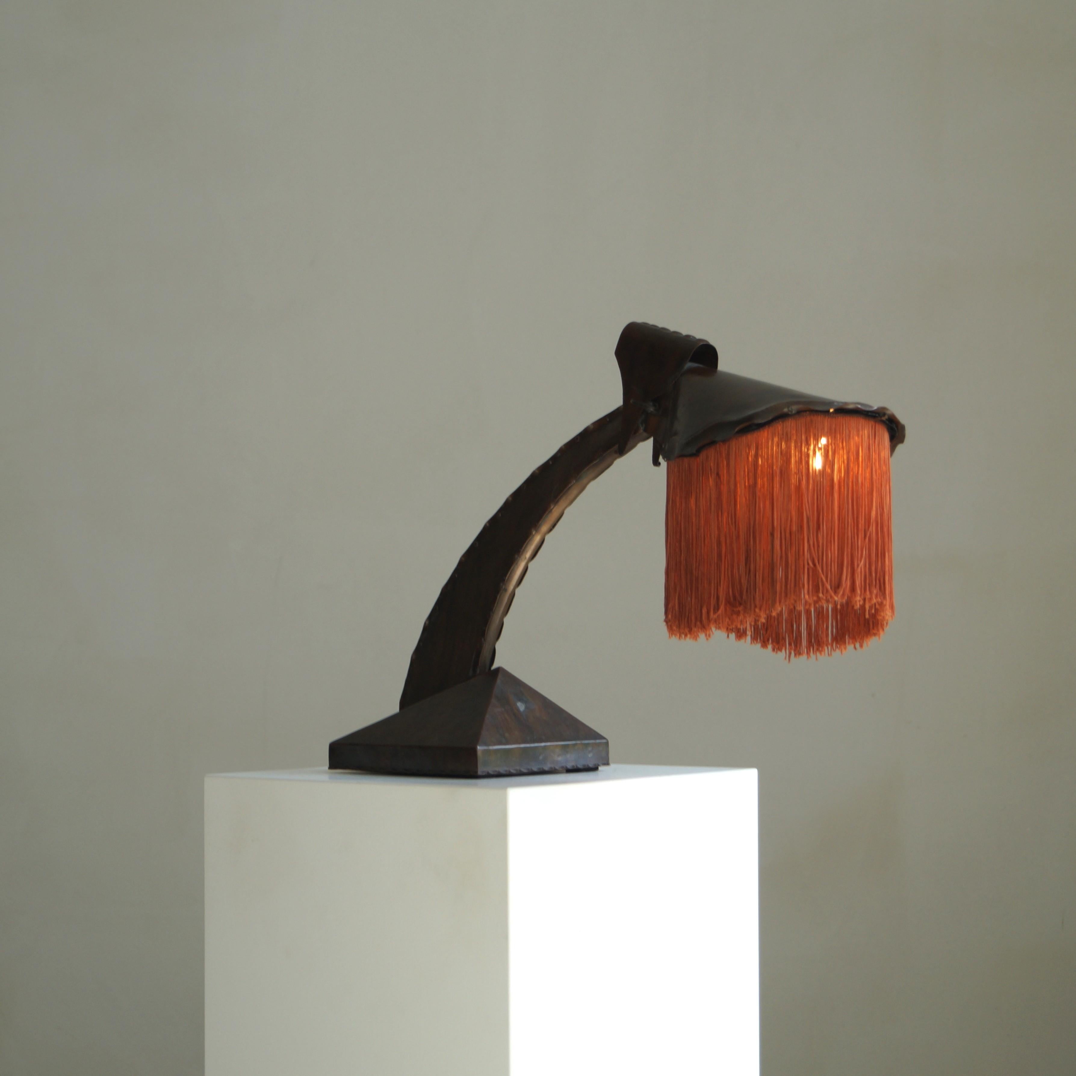 Dutch Art Deco Amsterdam School fringed copper desk lamp by Conrad Fehn, 1920s For Sale 4