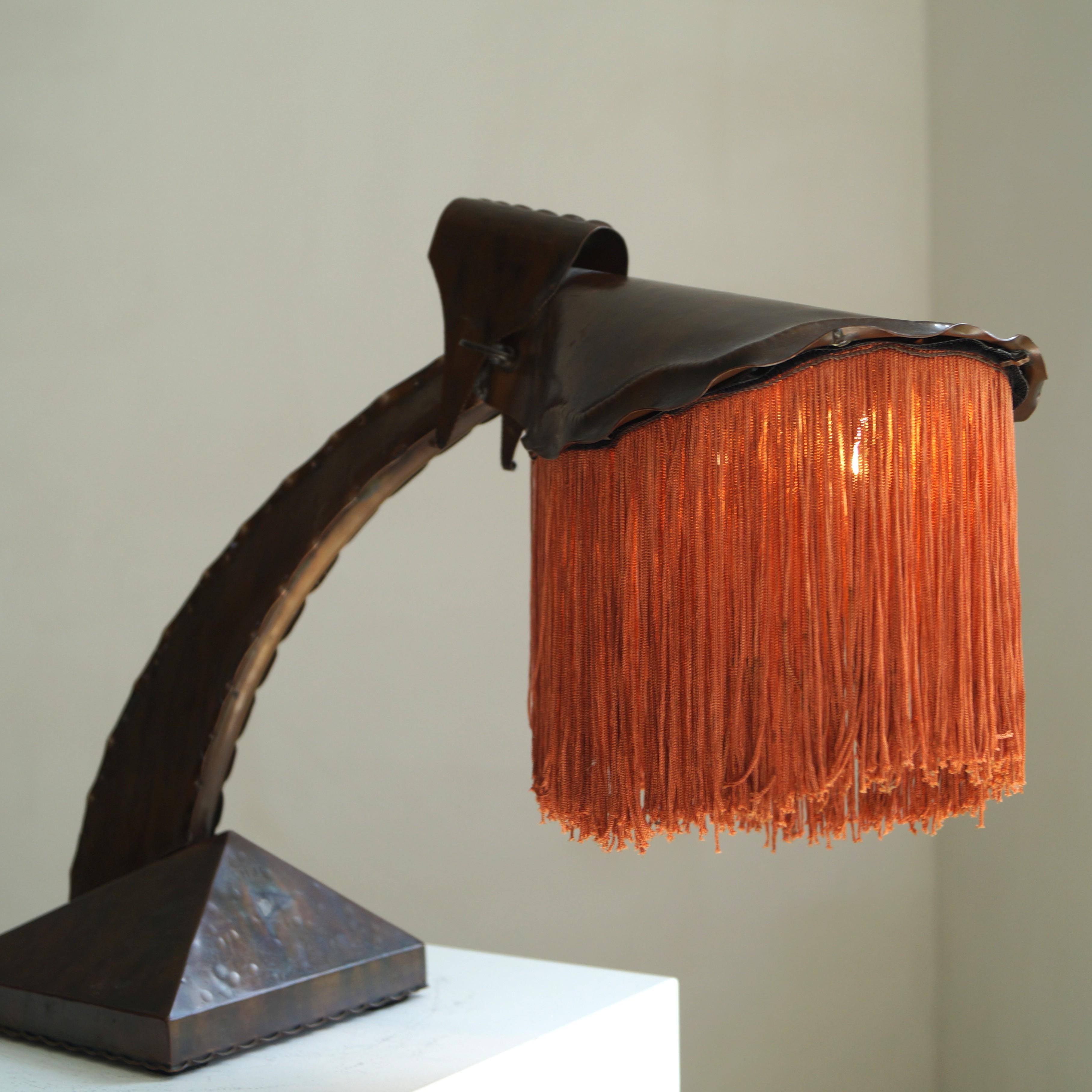 Dutch Art Deco Amsterdam School fringed copper desk lamp by Conrad Fehn, 1920s For Sale 5