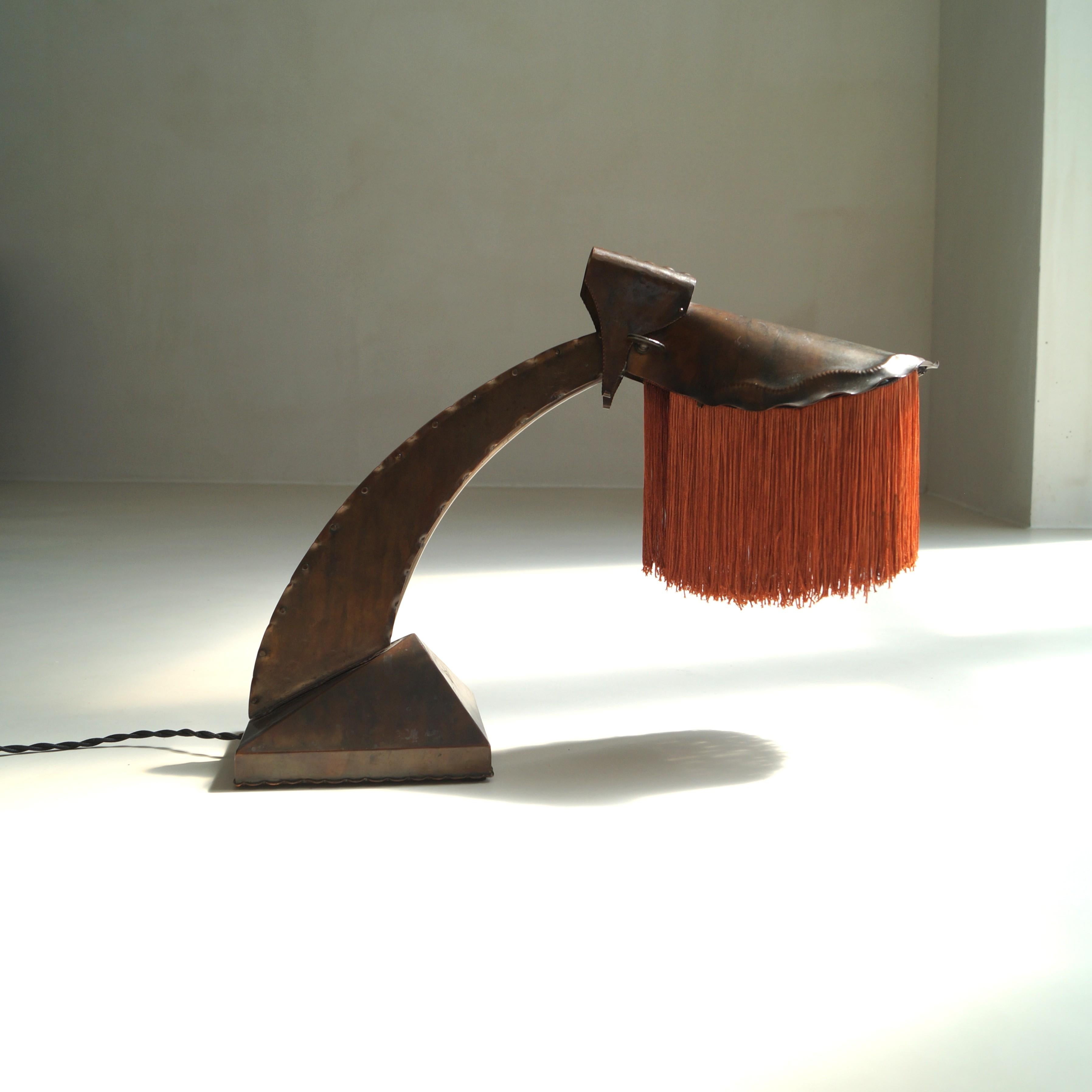 Dutch Art Deco Amsterdam School fringed copper desk lamp by Conrad Fehn, 1920s For Sale 6