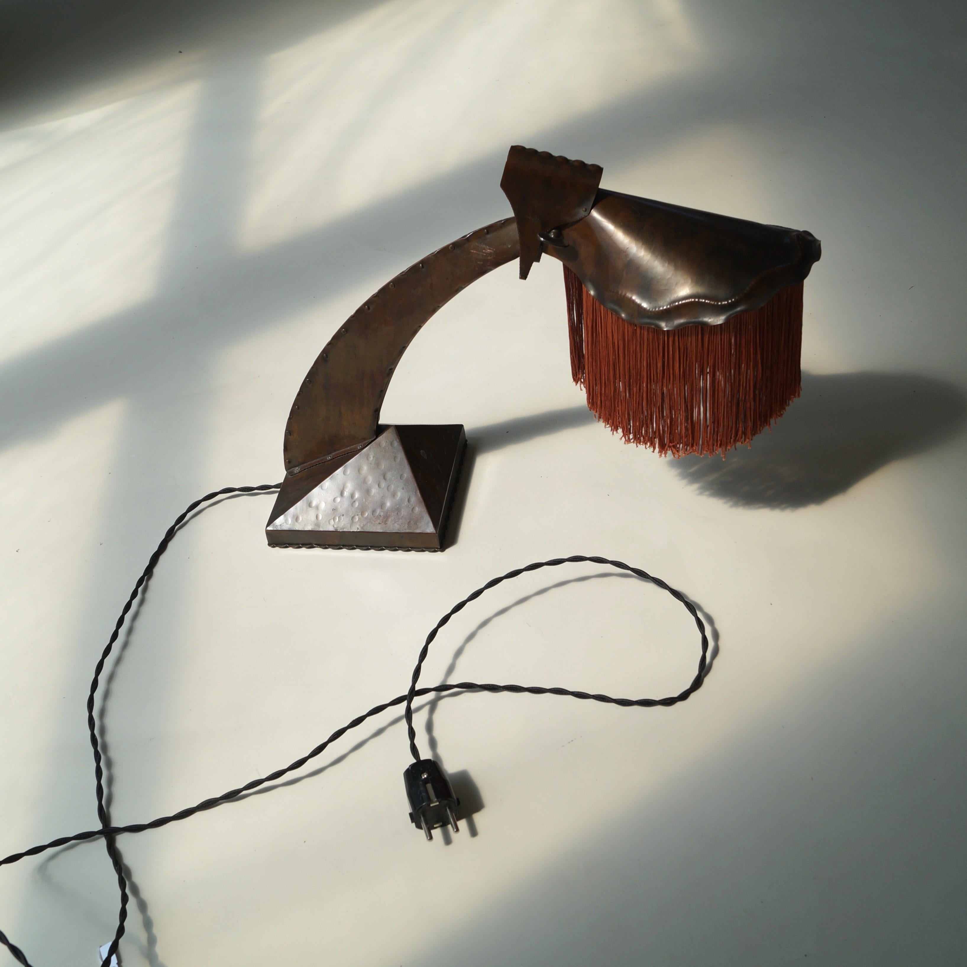 Dutch Art Deco Amsterdam School fringed copper desk lamp by Conrad Fehn, 1920s For Sale 7
