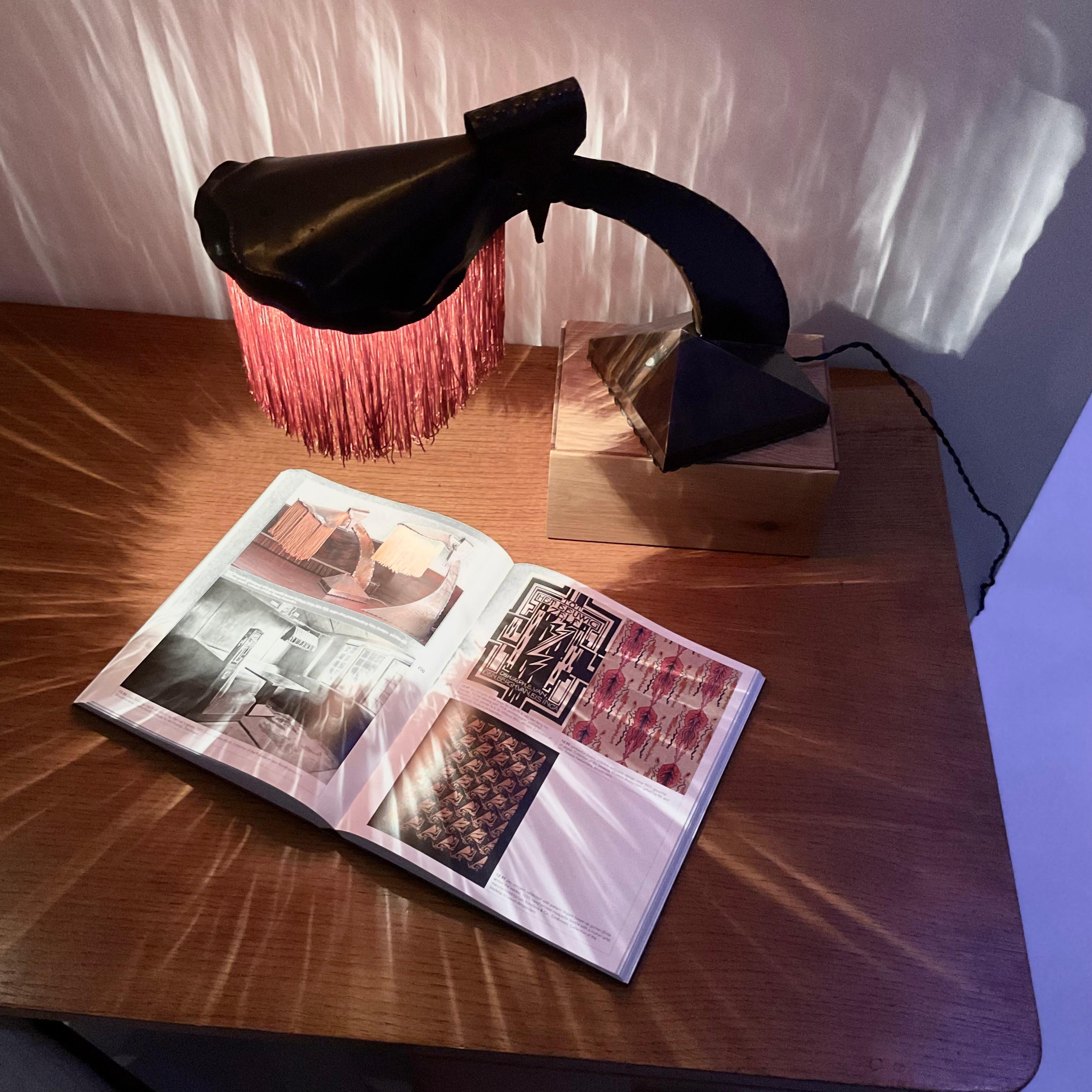 Dutch Art Deco Amsterdam School fringed copper desk lamp by Conrad Fehn, 1920s For Sale 9