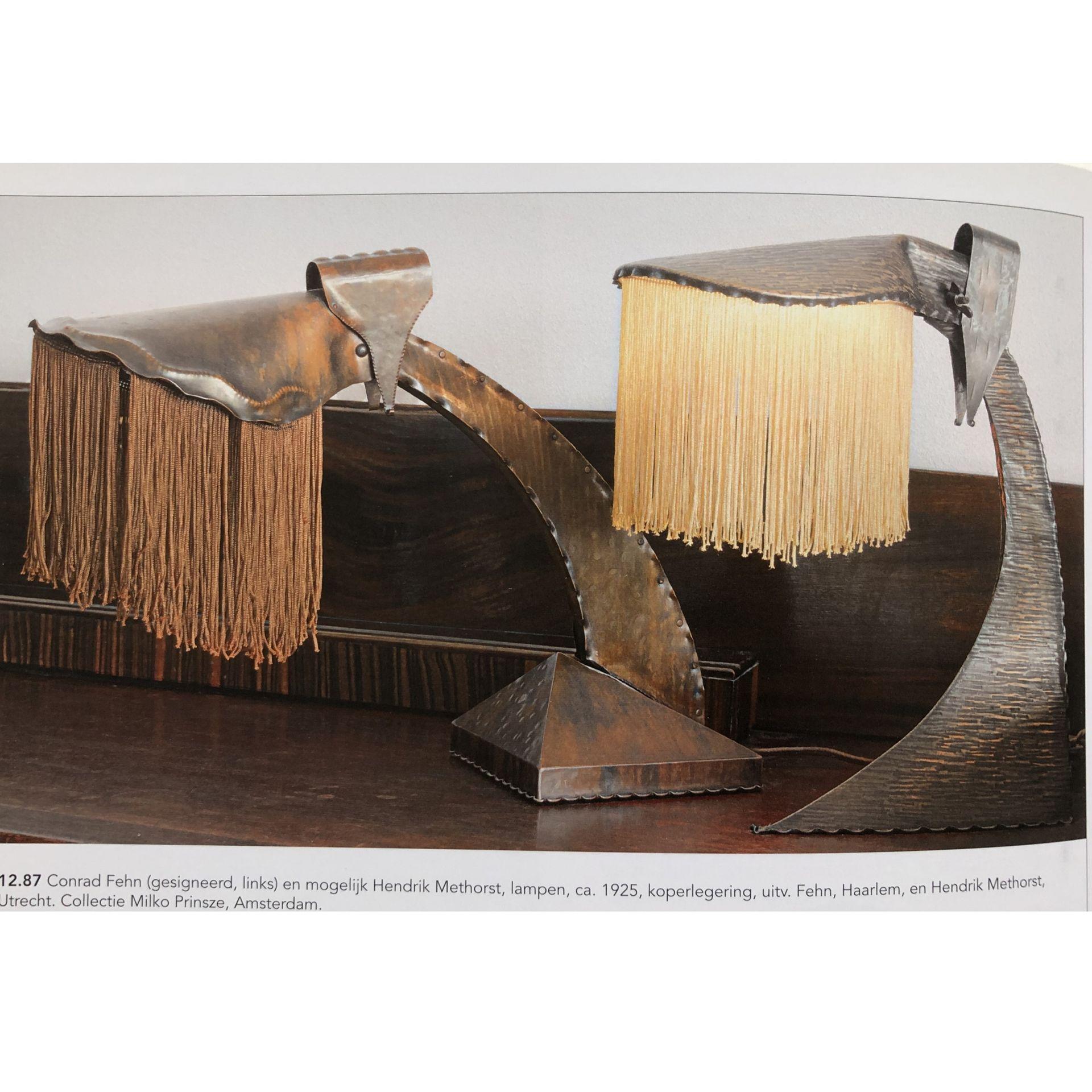 Dutch Art Deco Amsterdam School fringed copper desk lamp by Conrad Fehn, 1920s For Sale 11