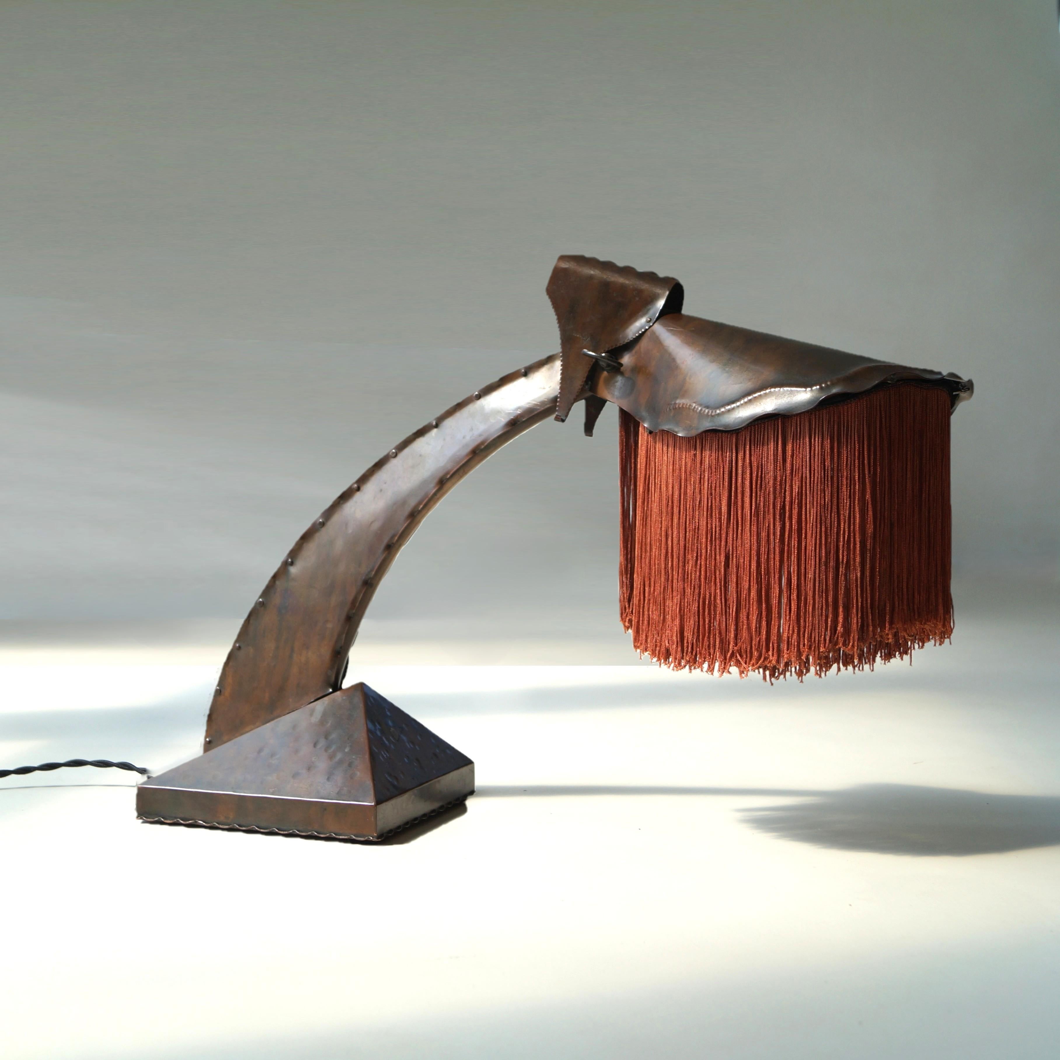 Hammered Dutch Art Deco Amsterdam School fringed copper desk lamp by Conrad Fehn, 1920s For Sale