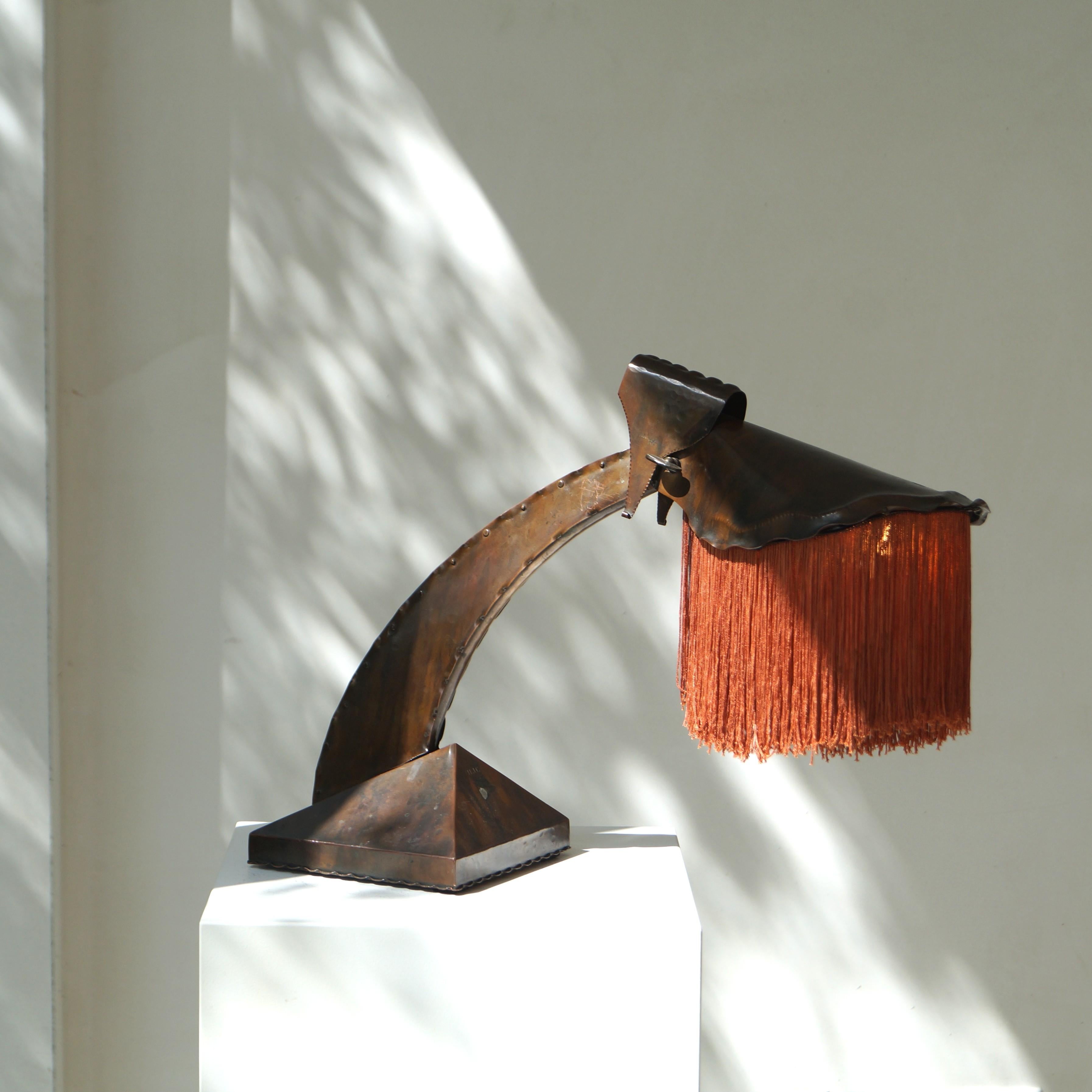 Early 20th Century Dutch Art Deco Amsterdam School fringed copper desk lamp by Conrad Fehn, 1920s For Sale