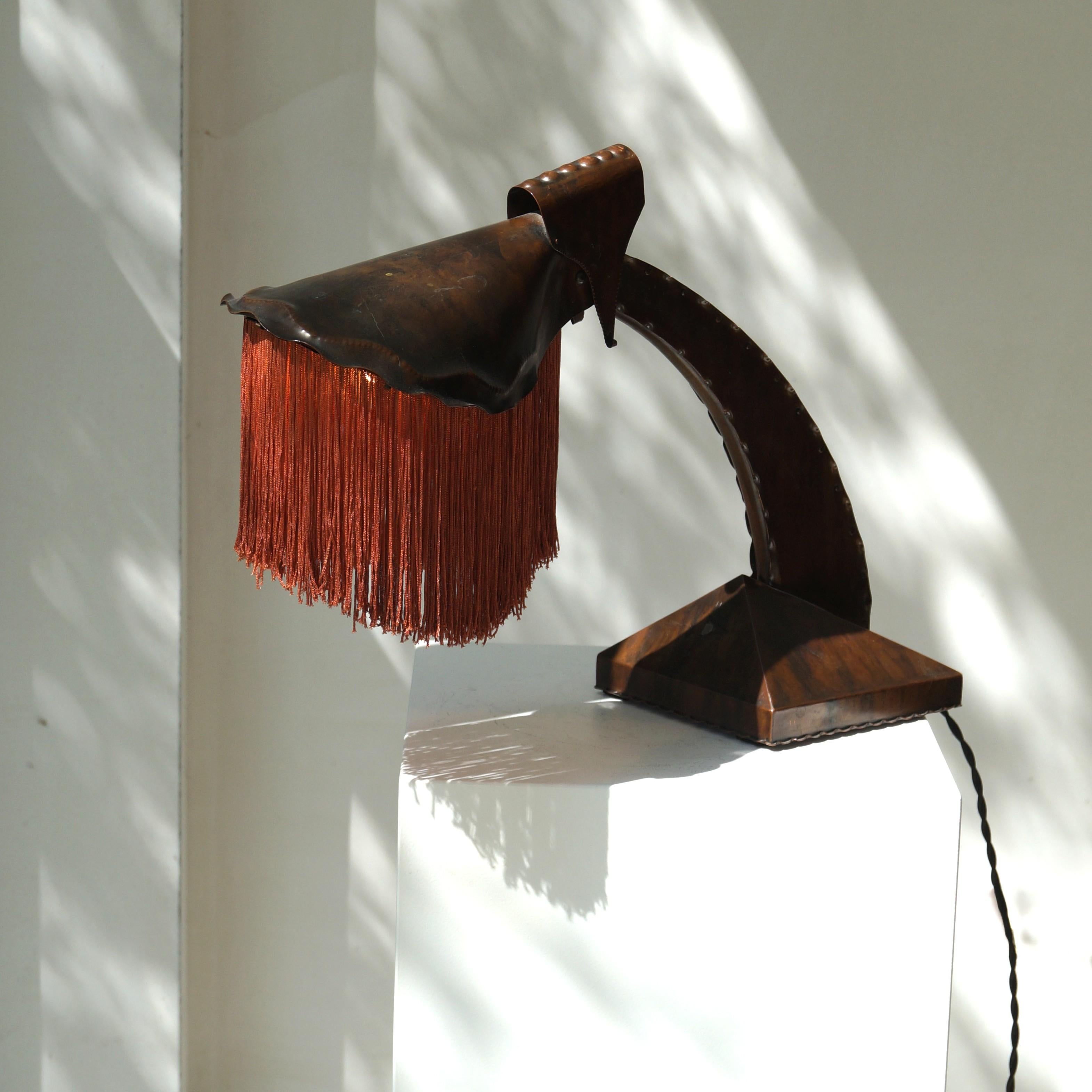 Copper Dutch Art Deco Amsterdam School fringed copper desk lamp by Conrad Fehn, 1920s For Sale