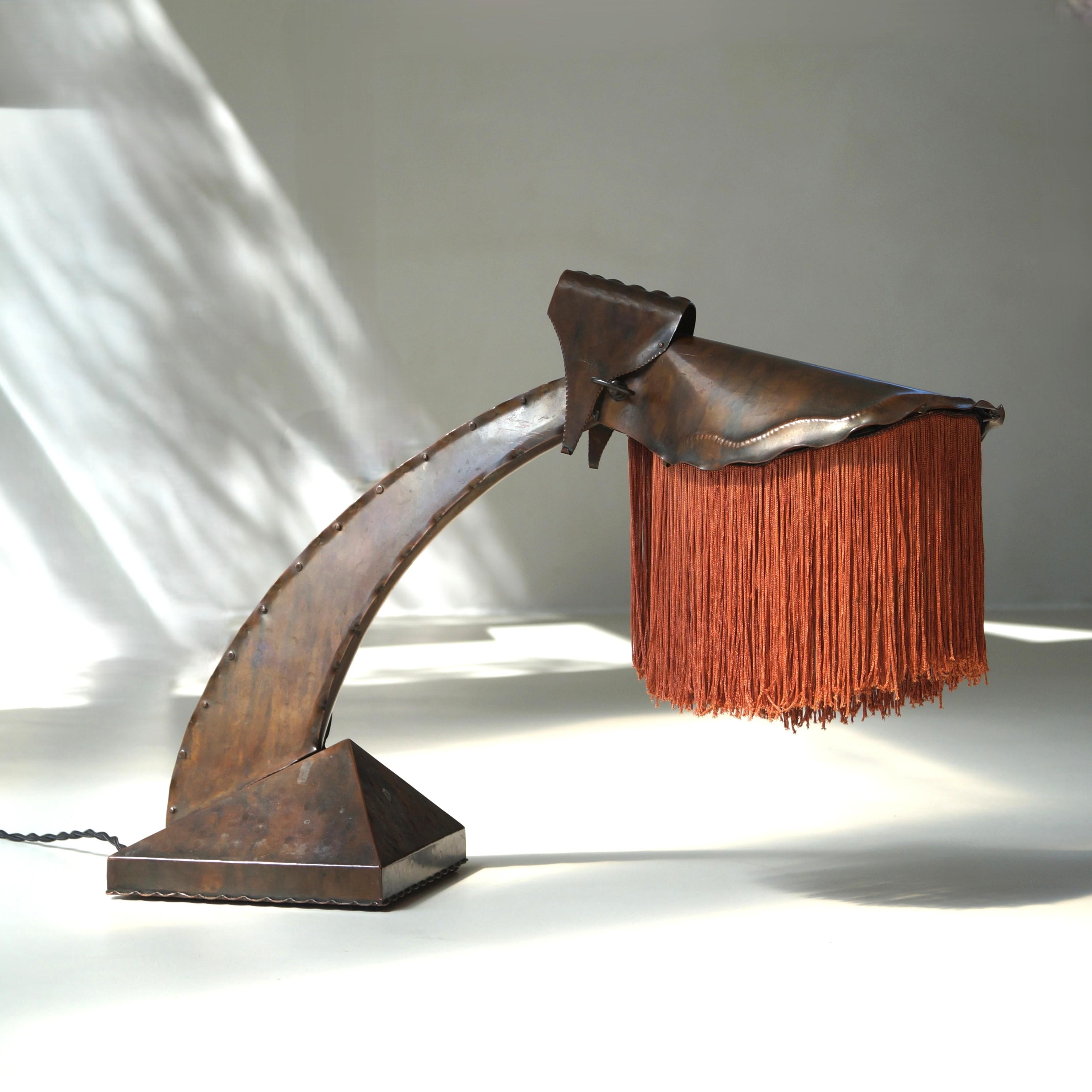 Dutch Art Deco Amsterdam School fringed copper desk lamp by Conrad Fehn, 1920s For Sale 1