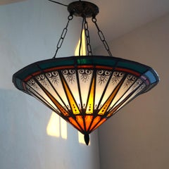 Dutch Art Deco Amsterdam School Stained Glass Pendant Lamp, 1920s