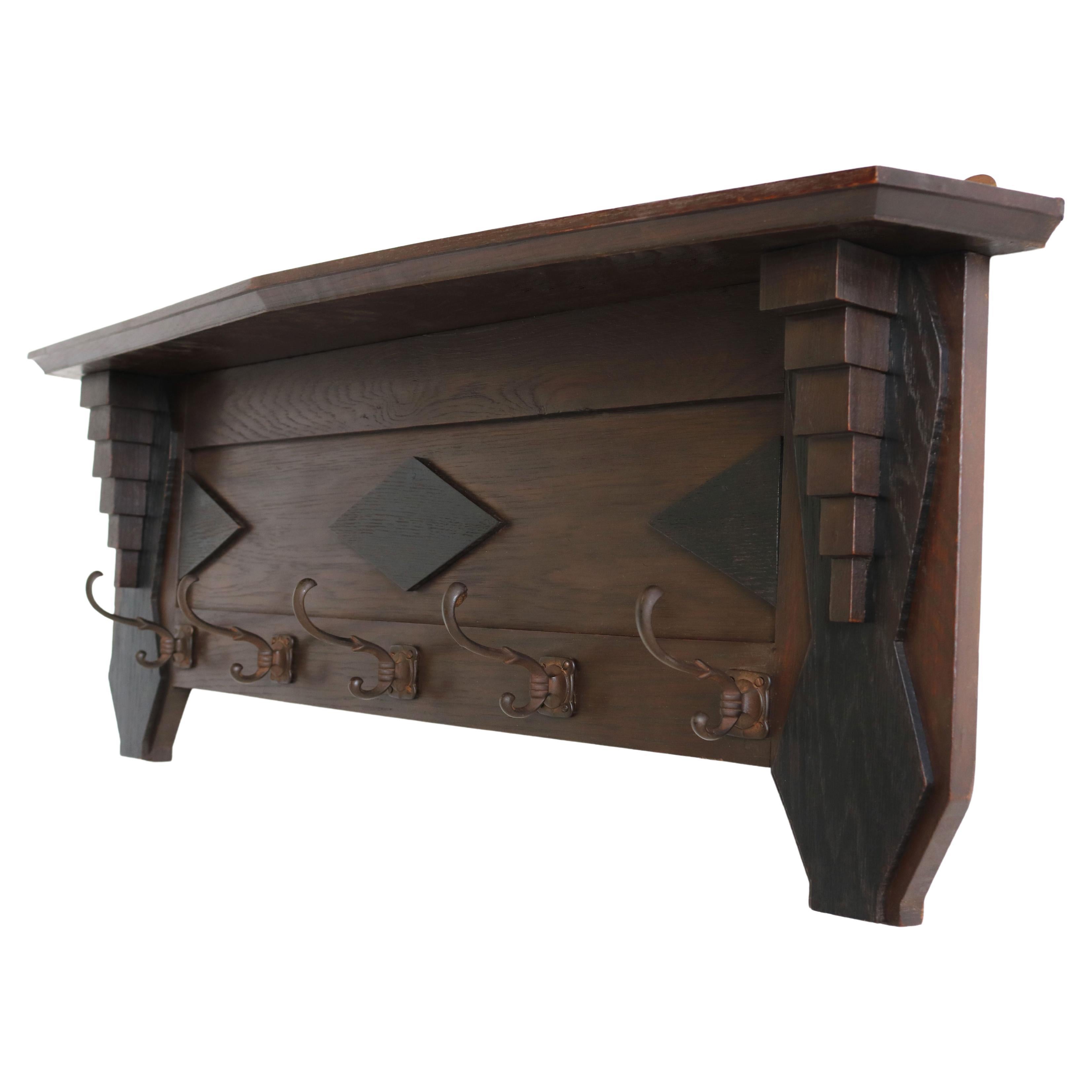 Dutch Art Deco Amsterdamse School Coat Rack / Hat Rack 1920 Oak Dark Accents