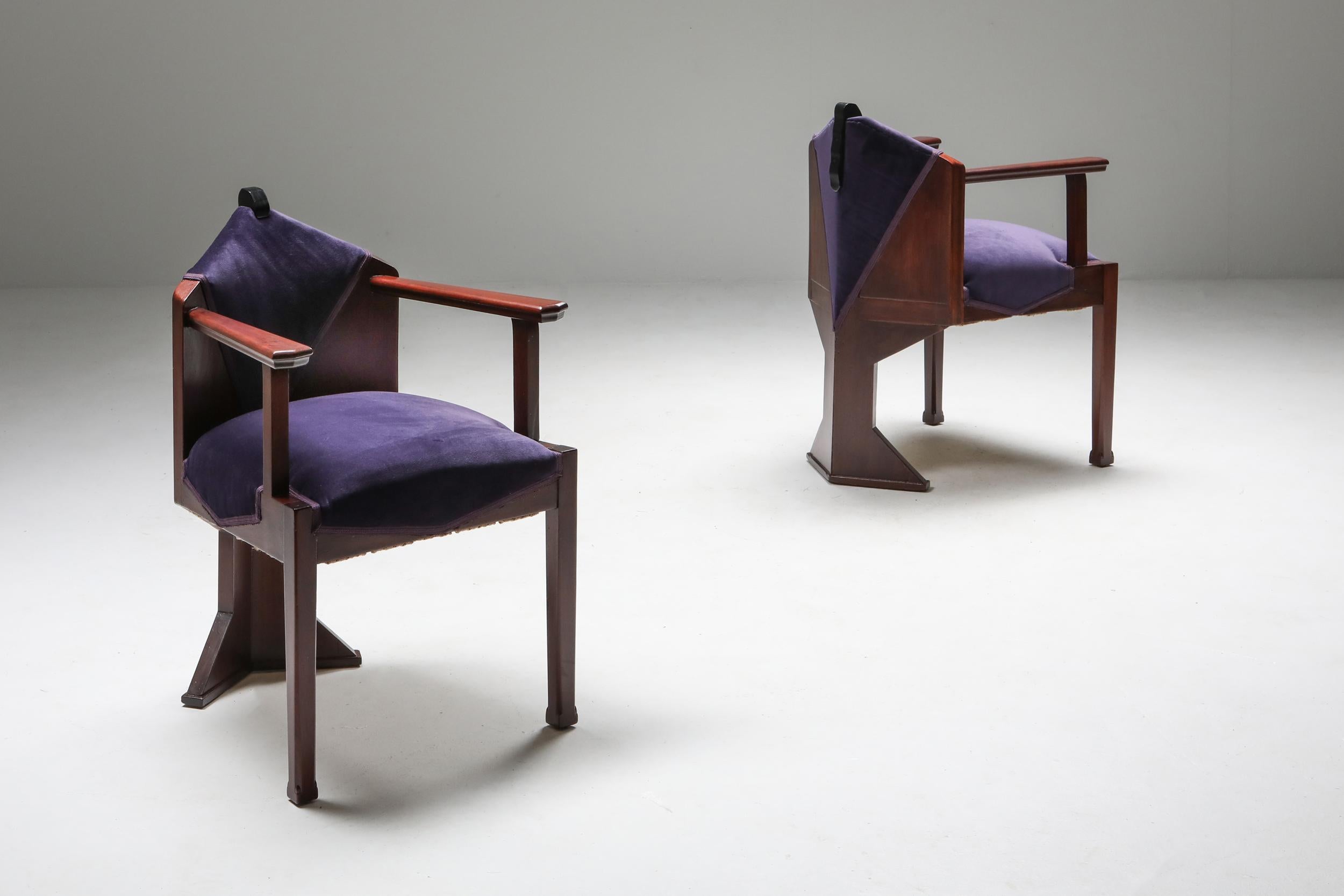 Amsterdamse School pair of armchairs attributed to Michel de Klerk.
Atelier Speelman pair of easy chairs, solid mahogany and ebony frame, purple velvet upholstery. Unusual high end pieces which are very rare to source.

 