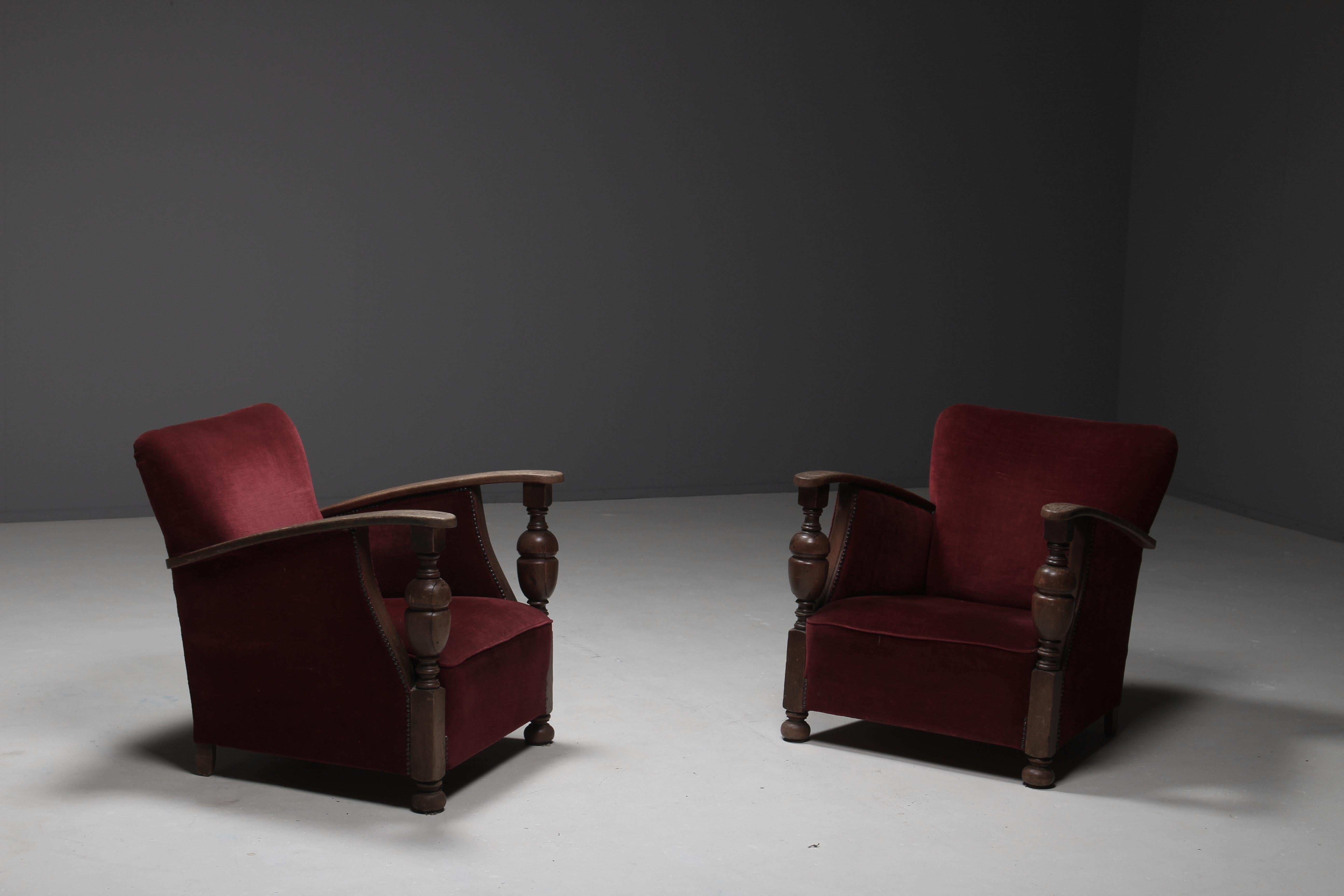 Mid-20th Century Dutch Art Deco Armchairs in Oak and Red Mohair, circa 1930s For Sale