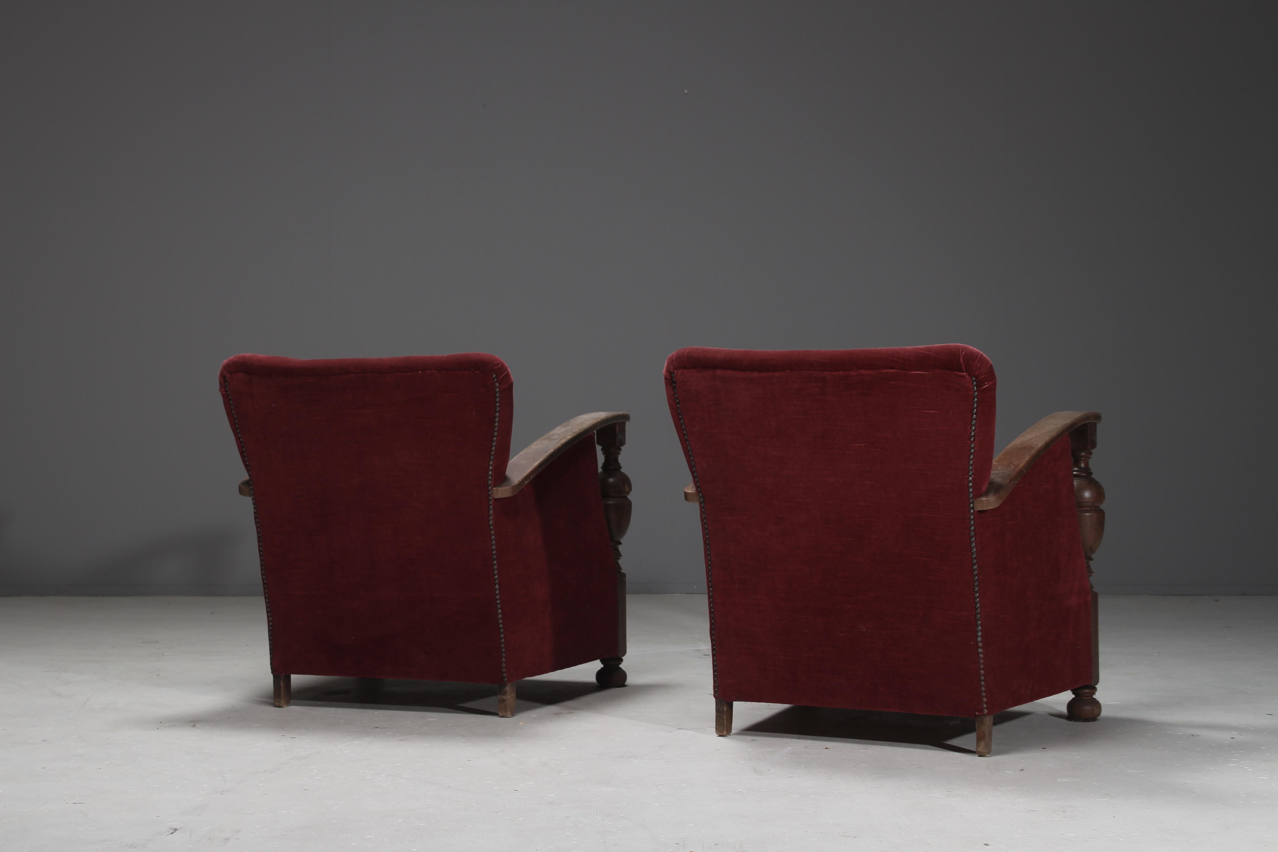 Dutch Art Deco Armchairs in Oak and Red Mohair, circa 1930s For Sale 1