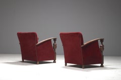 Dutch Art Deco Armchairs in Oak and Red Mohair, circa 1930s