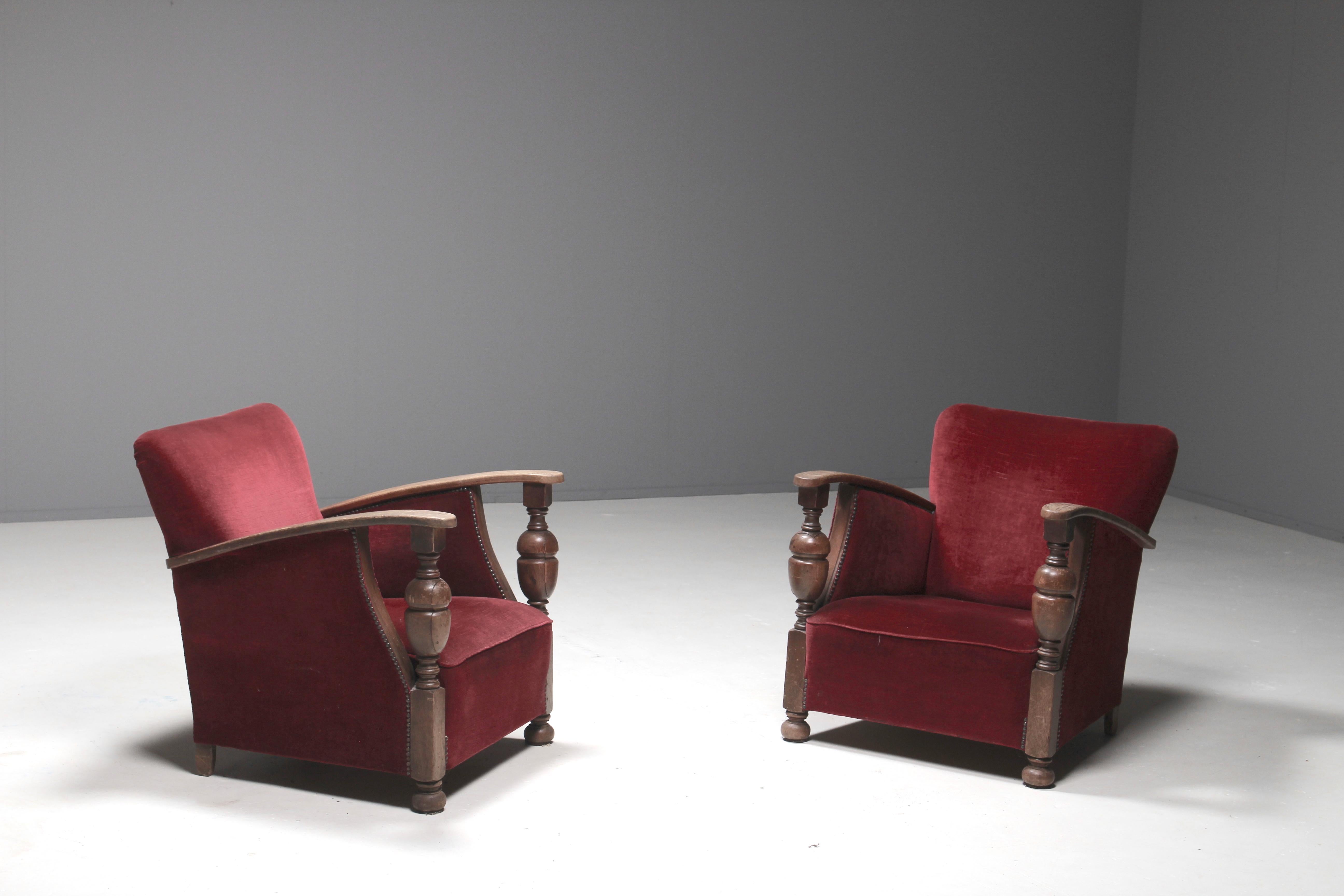 Dutch Art Deco Armchairs in Oak and Red Mohair, circa 1930s For Sale 2
