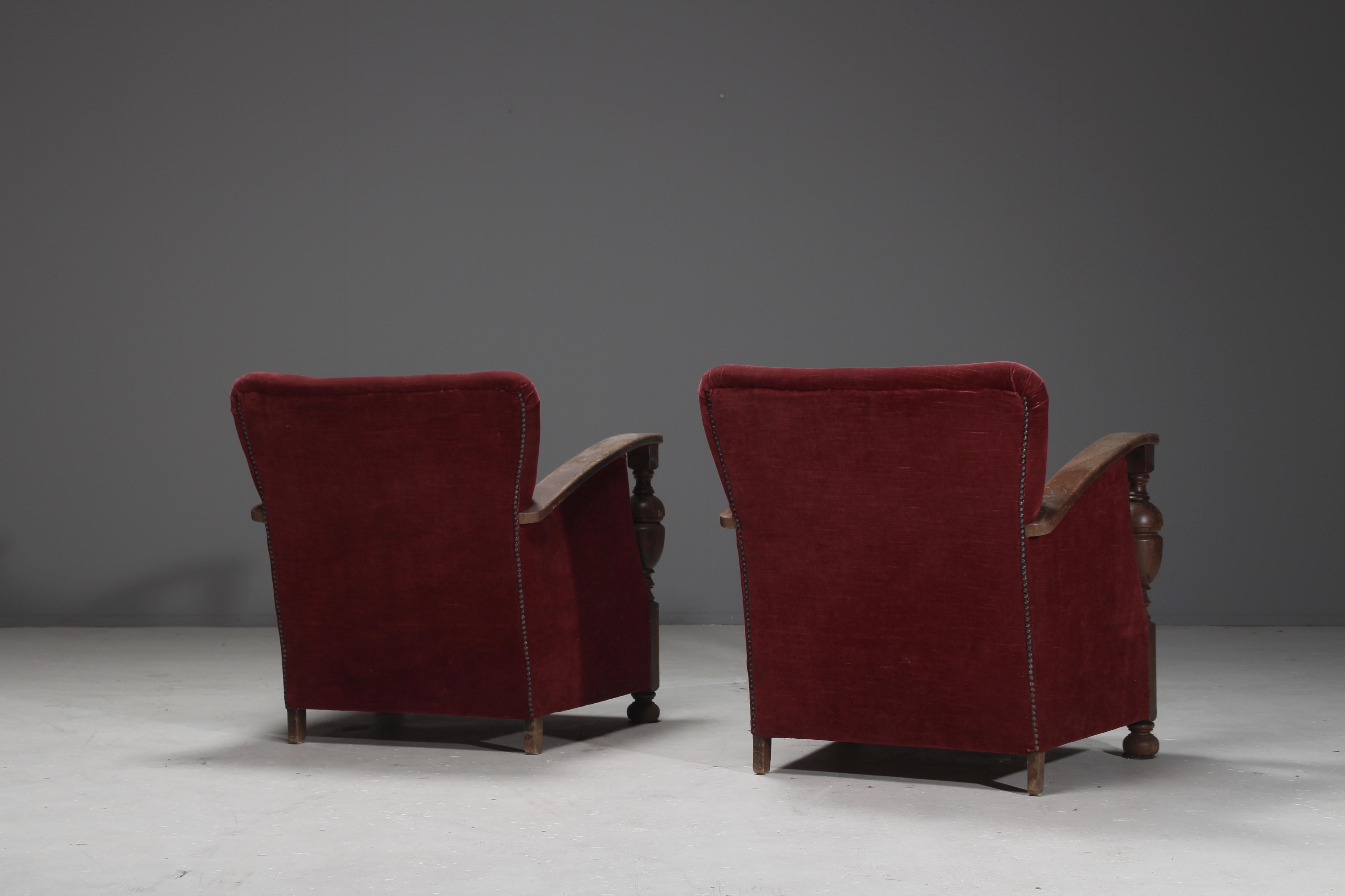 Dutch Art Deco Armchairs in Oak and Red Mohair, circa 1930s For Sale 3