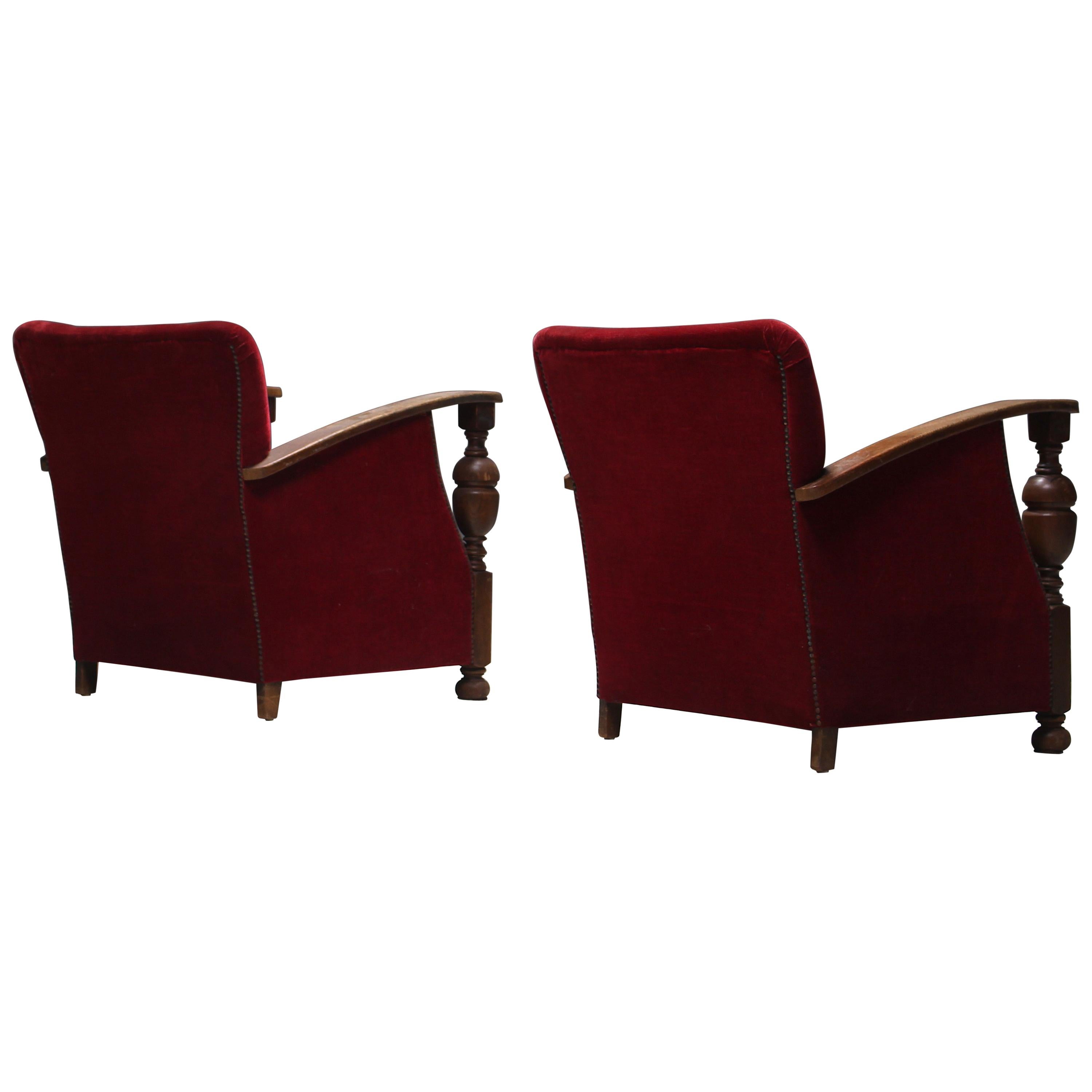 Dutch Art Deco Armchairs in Oak and Red Mohair, circa 1930s For Sale