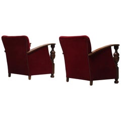 Dutch Art Deco Armchairs in Oak and Red Mohair, circa 1930s