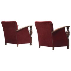 Dutch Art Deco Armchairs in Oak and Red Mohair, circa 1930s