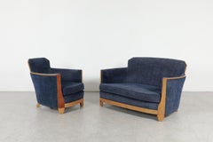 Dutch Art Deco Blue Loveseat with Oak Frame